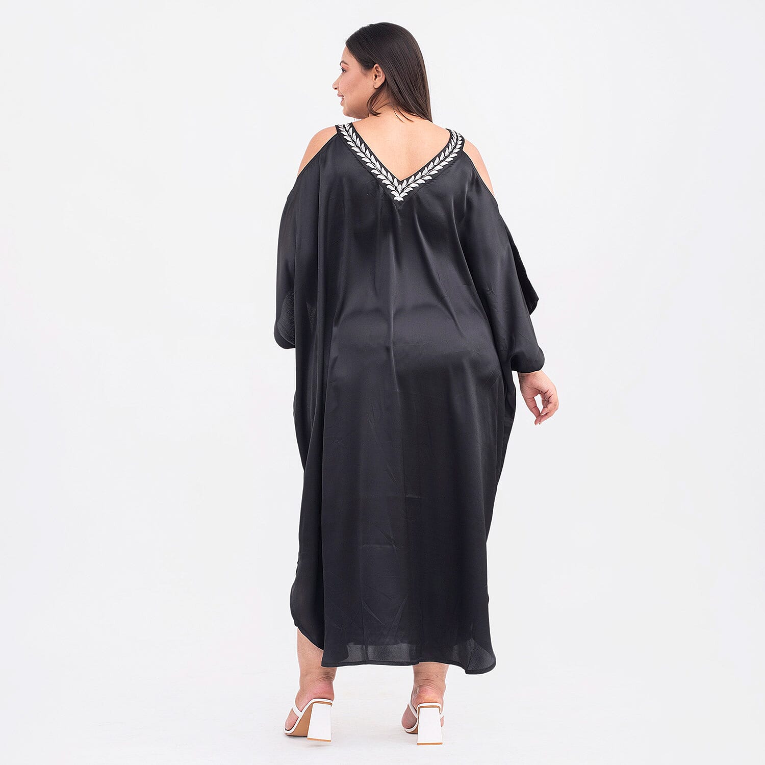 Leaf Embroidered Neck Satin Kaftan (One Size Curve, 20-26) - Black and Silver