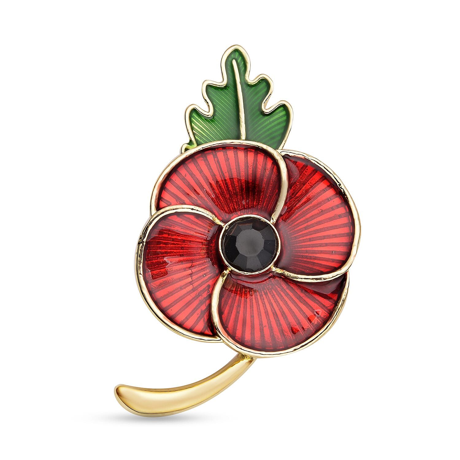 Black Crystal Enamelled Flower Brooch in Gold Tone