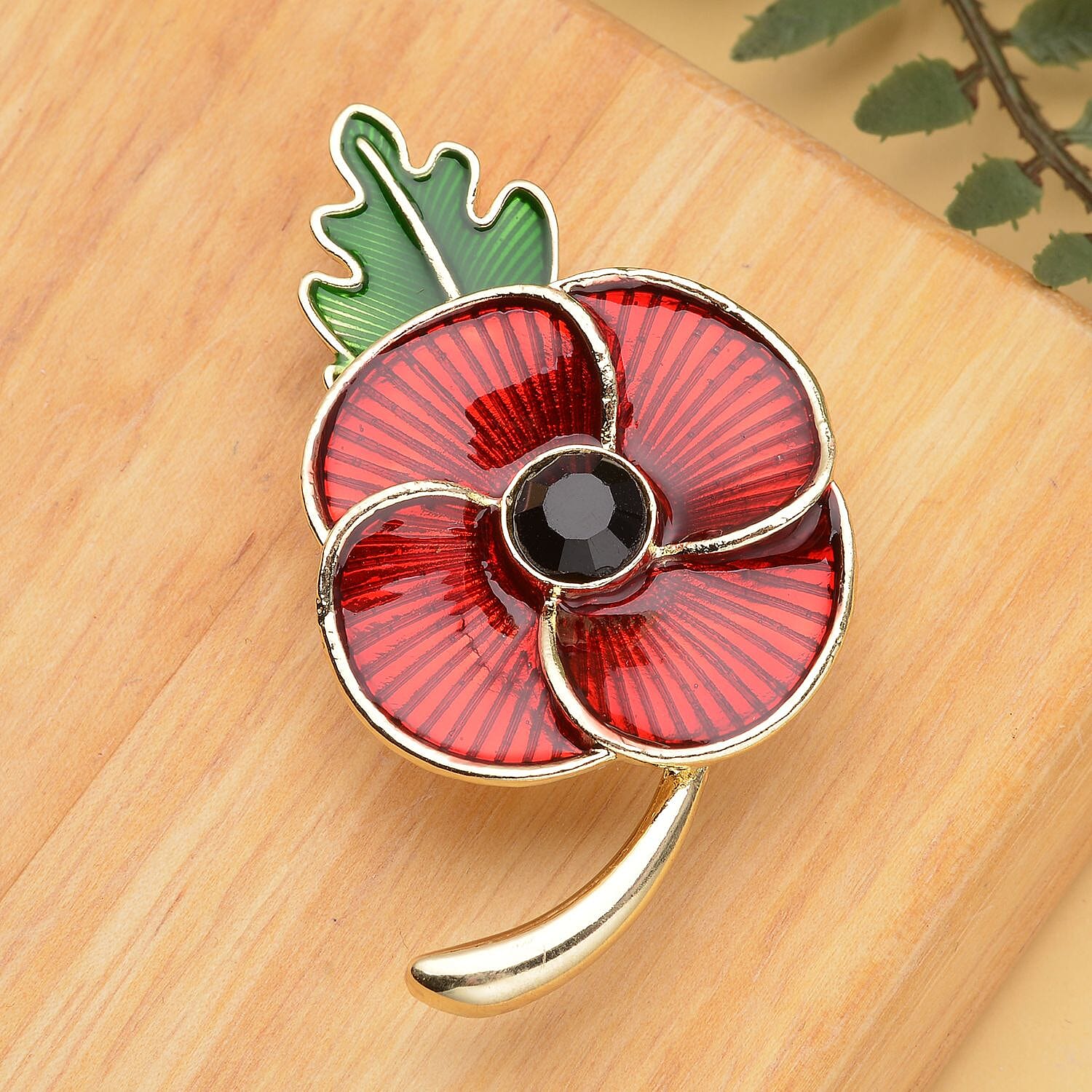 Black Crystal Enamelled Flower Brooch in Gold Tone