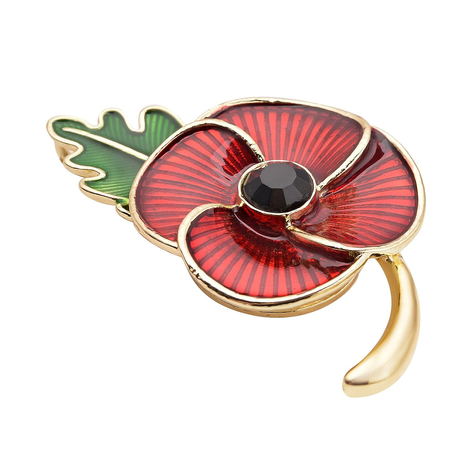 Black Crystal Enamelled Flower Brooch in Gold Tone