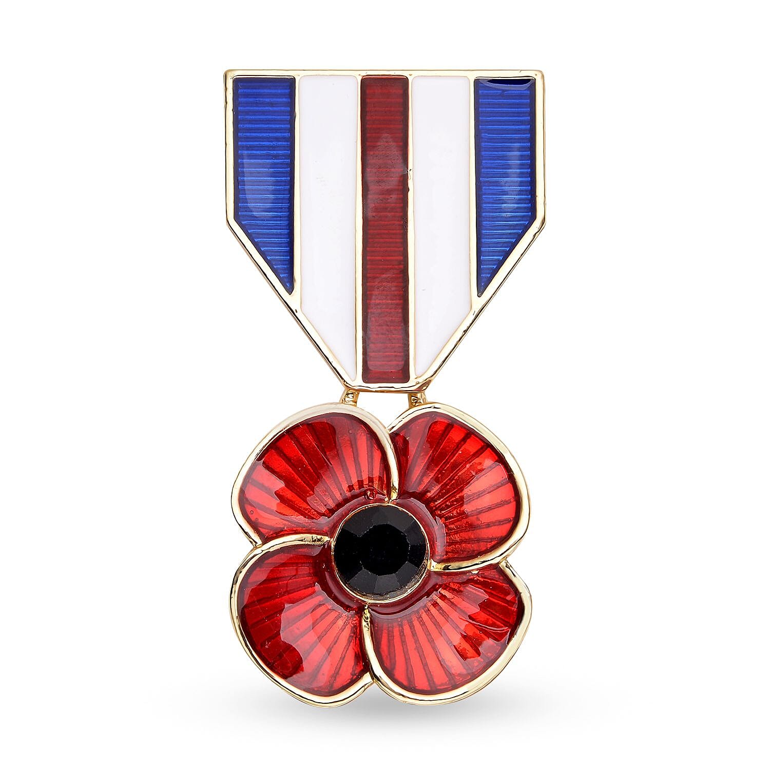 Black Austrian Crystal Enamelled Flower Brooch in Gold Tone