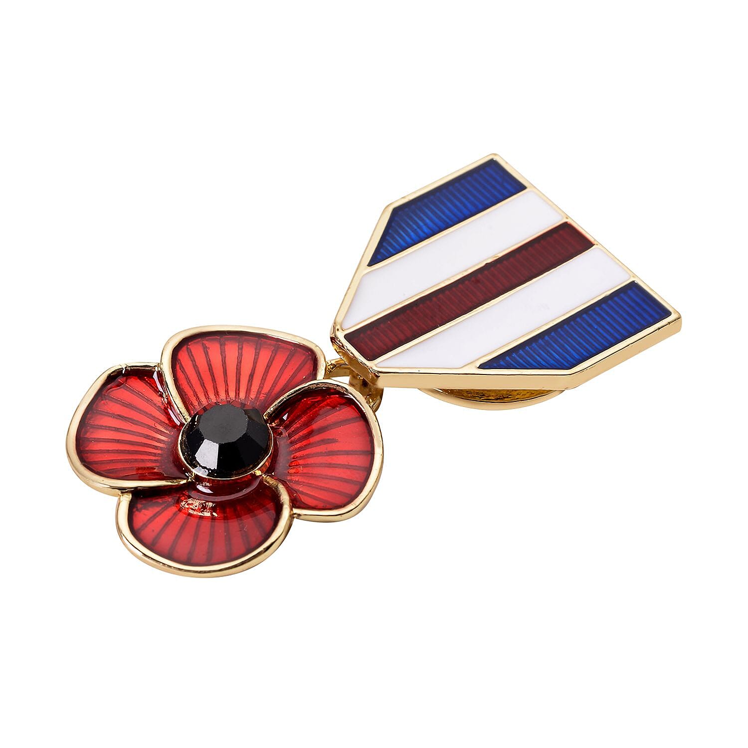 Black Austrian Crystal Enamelled Flower Brooch in Gold Tone