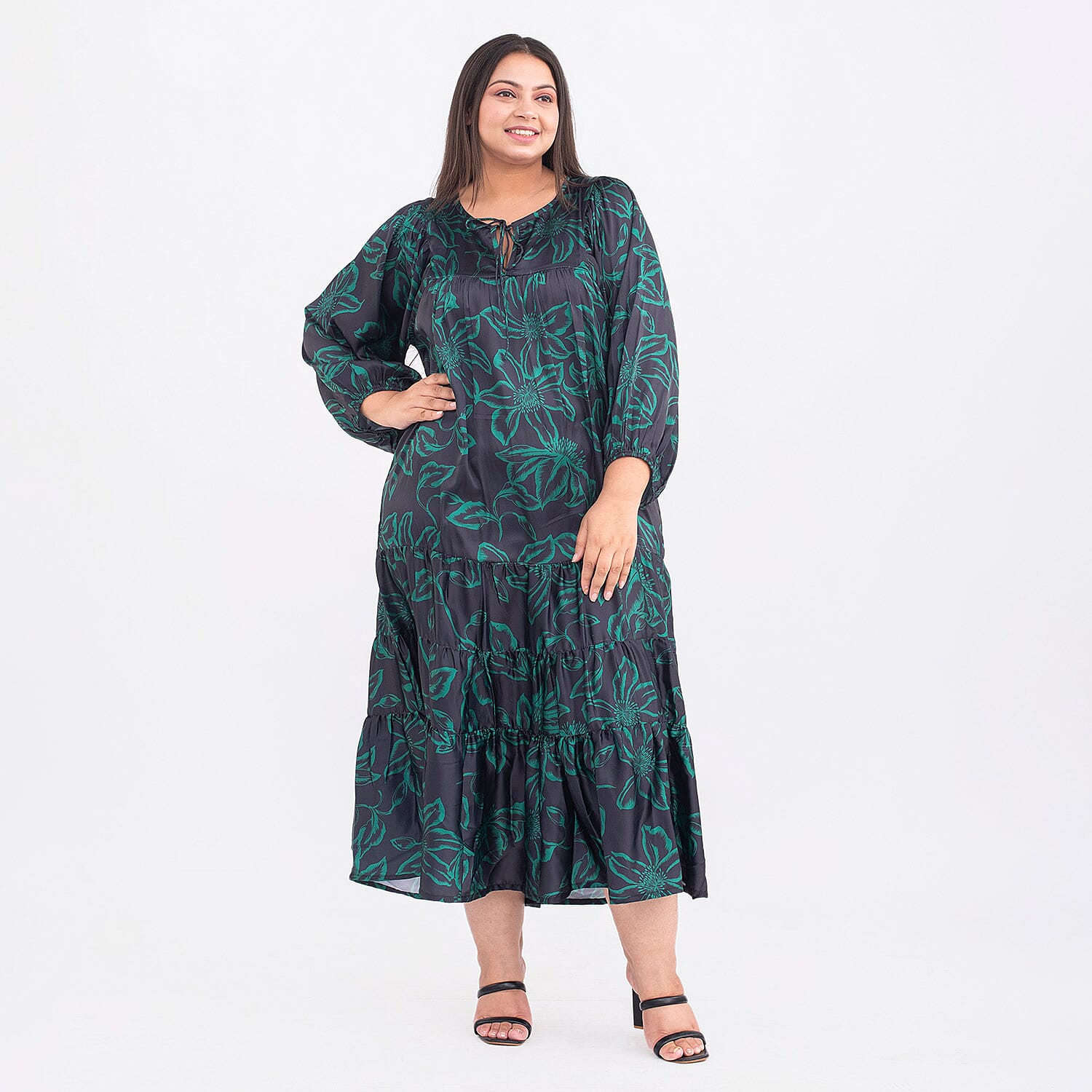 Floral Pattern Long Sleeves Kaftan (One Size, 8-18) - Black and Green