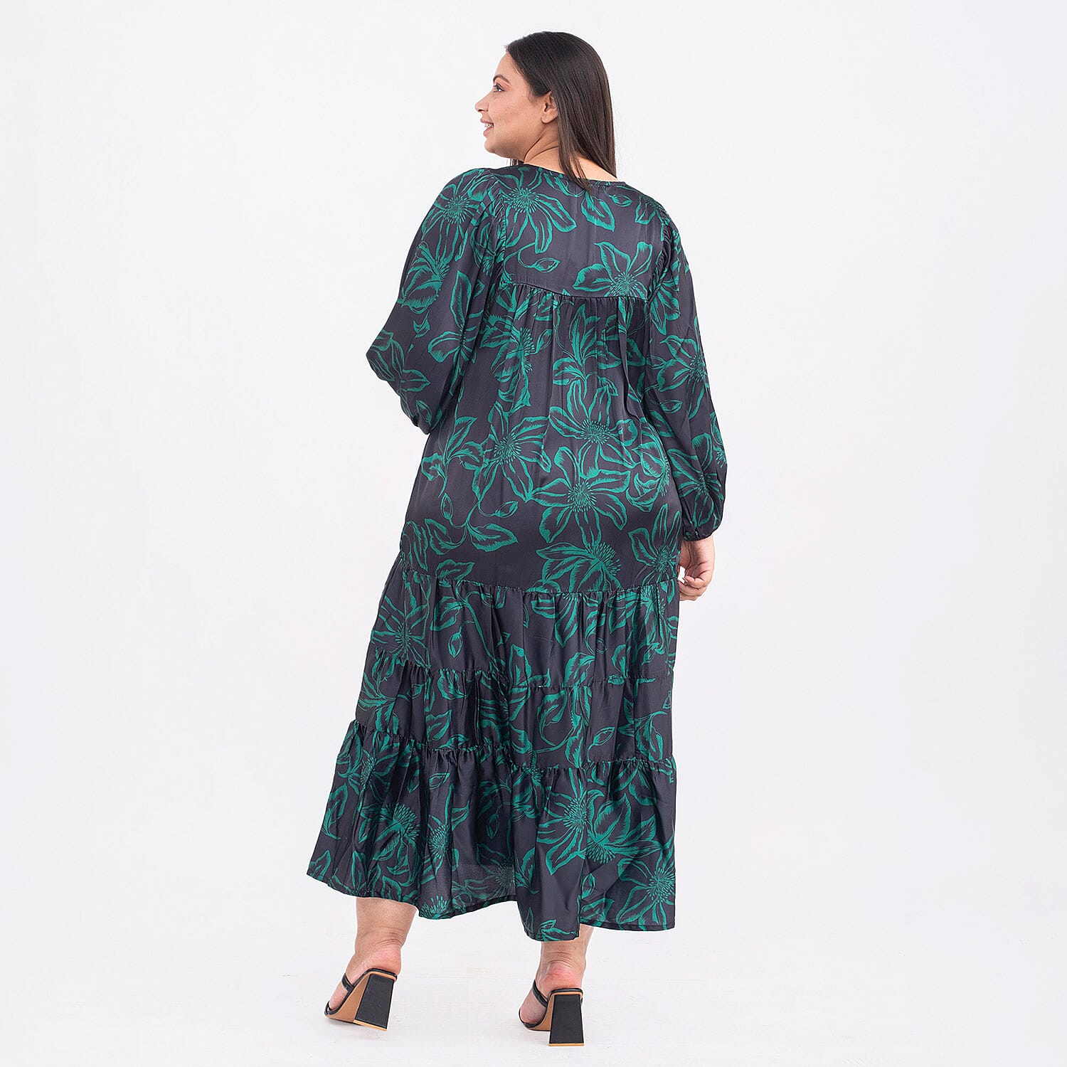 Floral Pattern Long Sleeves Kaftan (One Size, 8-18) - Black and Green