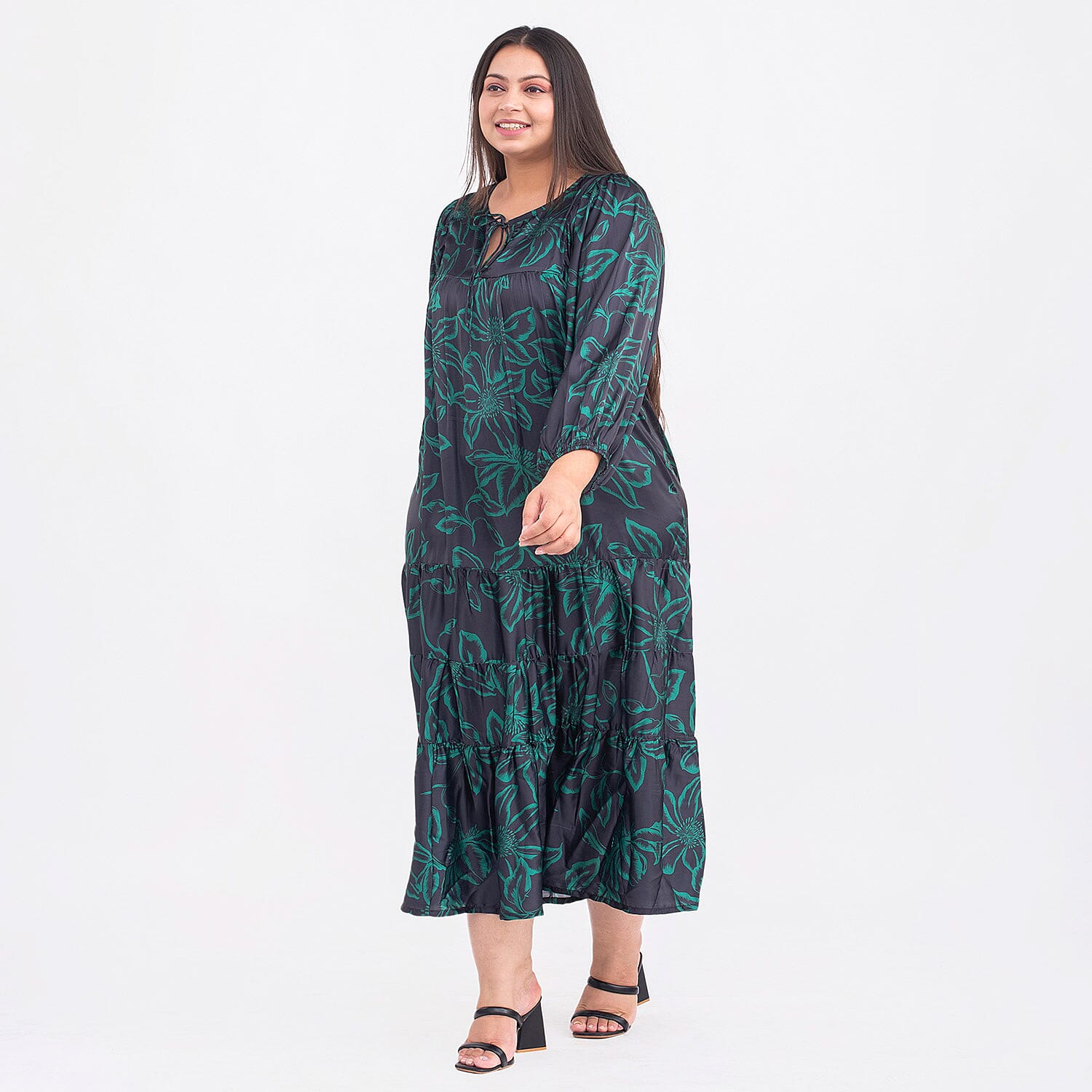 Floral Pattern Long Sleeves Kaftan (One Size, 8-18) - Black and Green