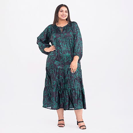 TAMSY Floral Pattern Long Sleeves Kaftan (One Size Curve, 20-26) - Black and Green