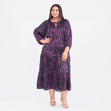 TAMSY Floral Pattern Long Sleeves Dress (One Size, 8-18) - Black and Purple