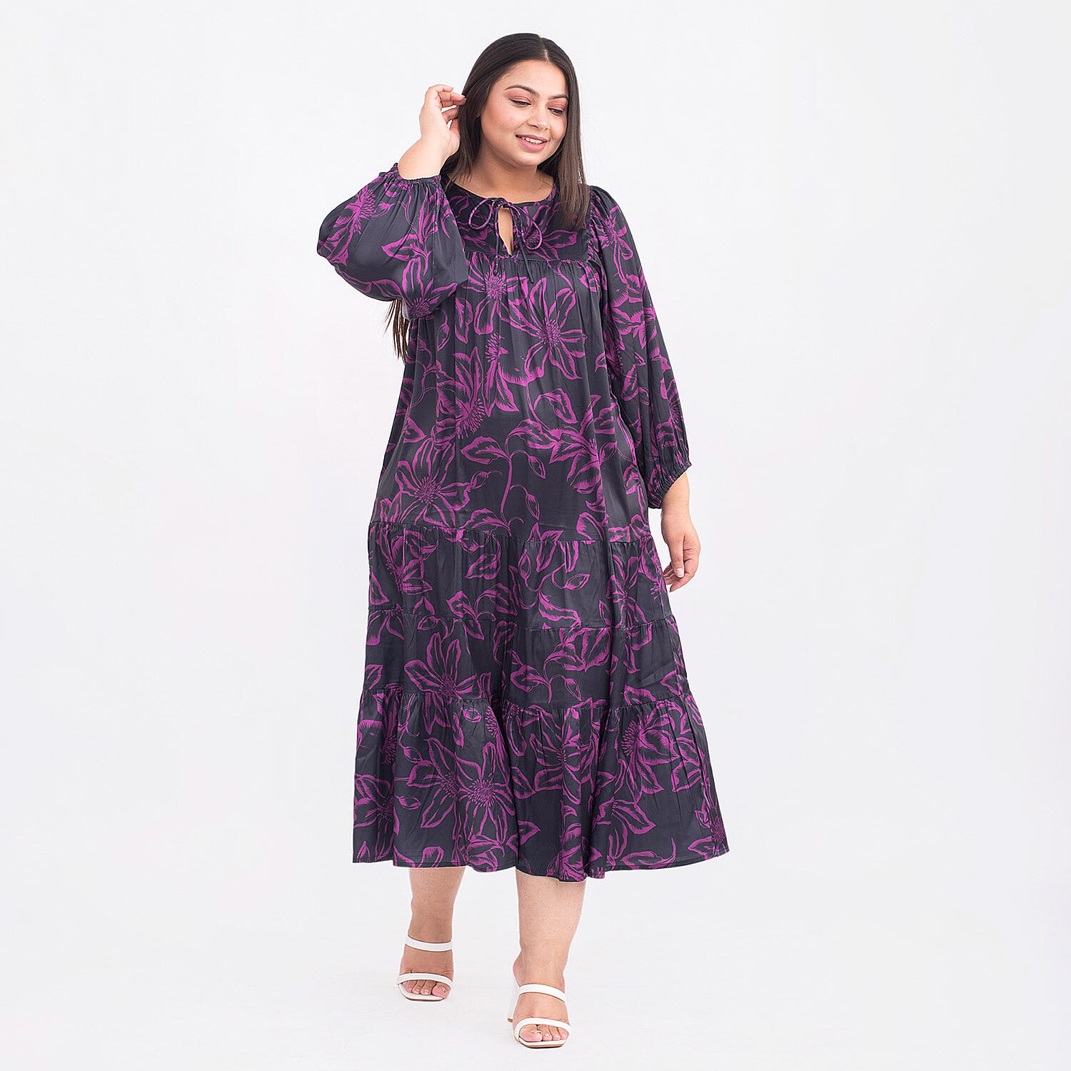 Tamsy Floral Printed Satin Midi Dress