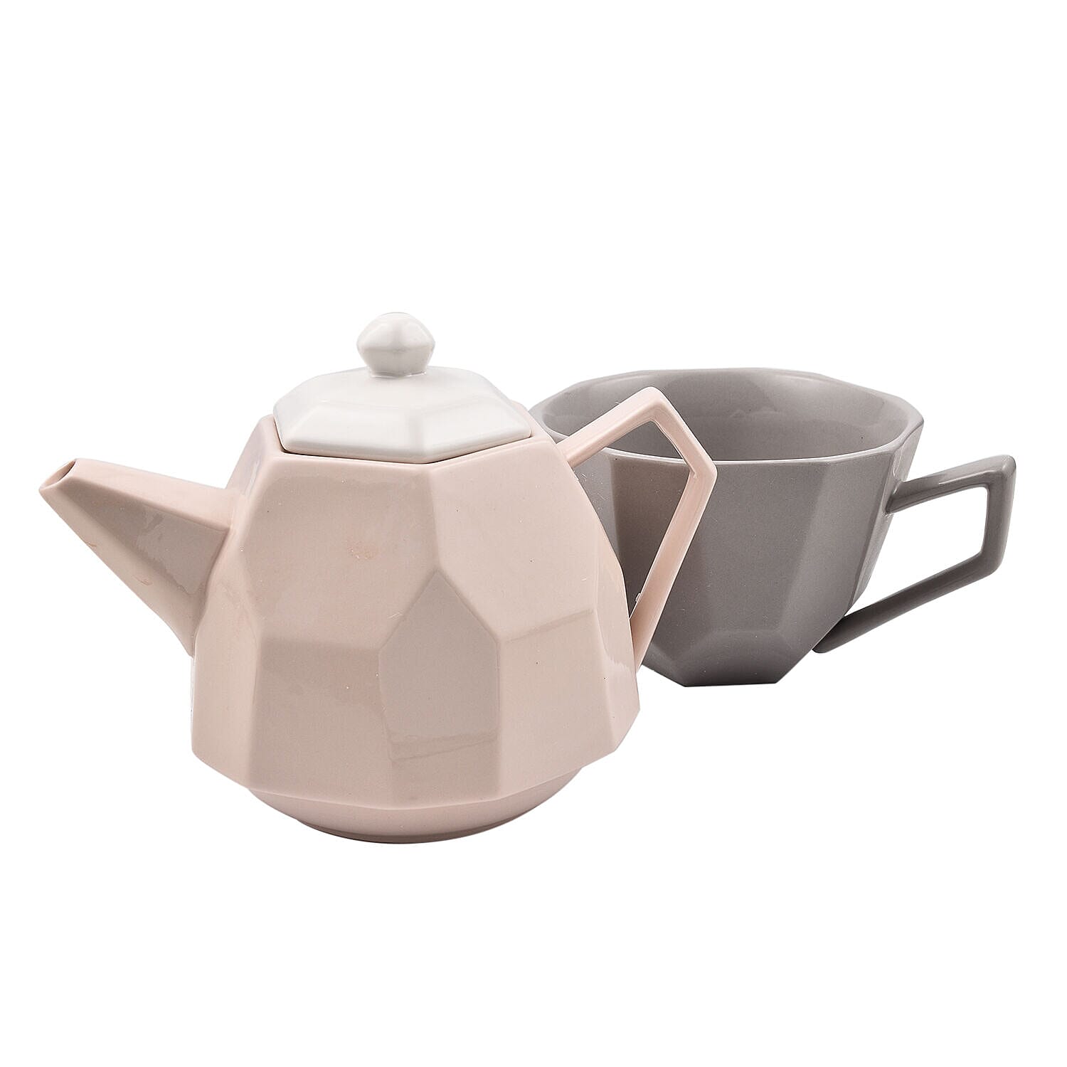 Tea Pot and Cup Set For One Diamond Porcelain in Gift Box (Size 19x18x14 Cm) - Light Grey and Light Pink