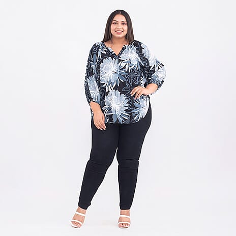 TAMSY Exclusive Floral Pattern Top (One Size, 8-18) - Black, Blue and White