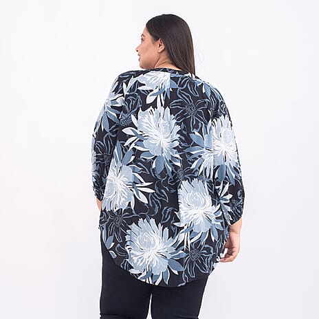 TAMSY Exclusive Floral Pattern Top (One Size, 8-18) - Black, Blue and White