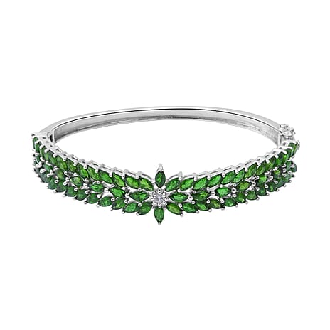 Natural Chrome Diopside and Natural Zircon Bangle (Size - 7.5) in Rhodium Overlay Sterling Silver 10.28 Ct.
