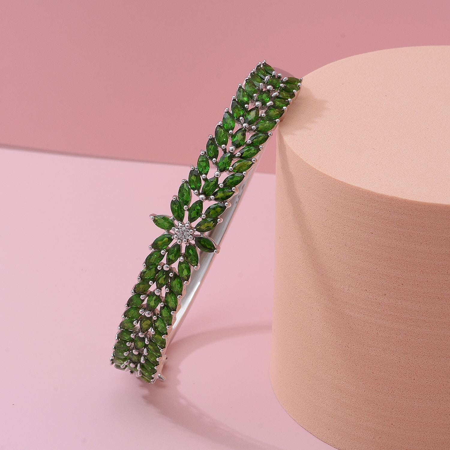 Natural Chrome Diopside and Natural Zircon Bangle (Size - 7.5) in Rhodium Overlay Sterling Silver 10.28 Ct.