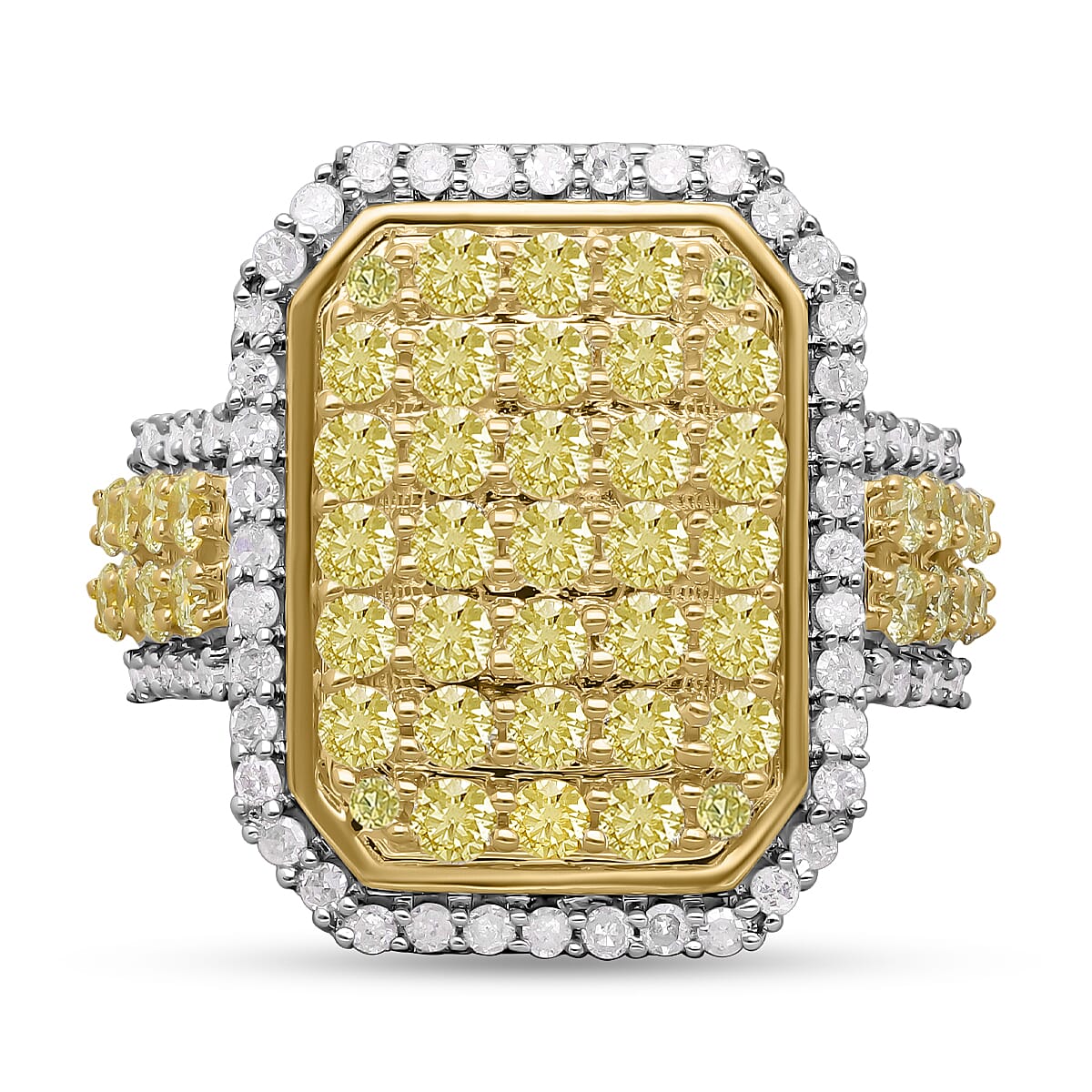 14K Yellow Gold SGL Certified Natural Yellow Diamond (SI-I1) and White Diamond(SI-I1-G-H) Halo Ring 2.00 Ct, Gold Wt. 5.9 Gms