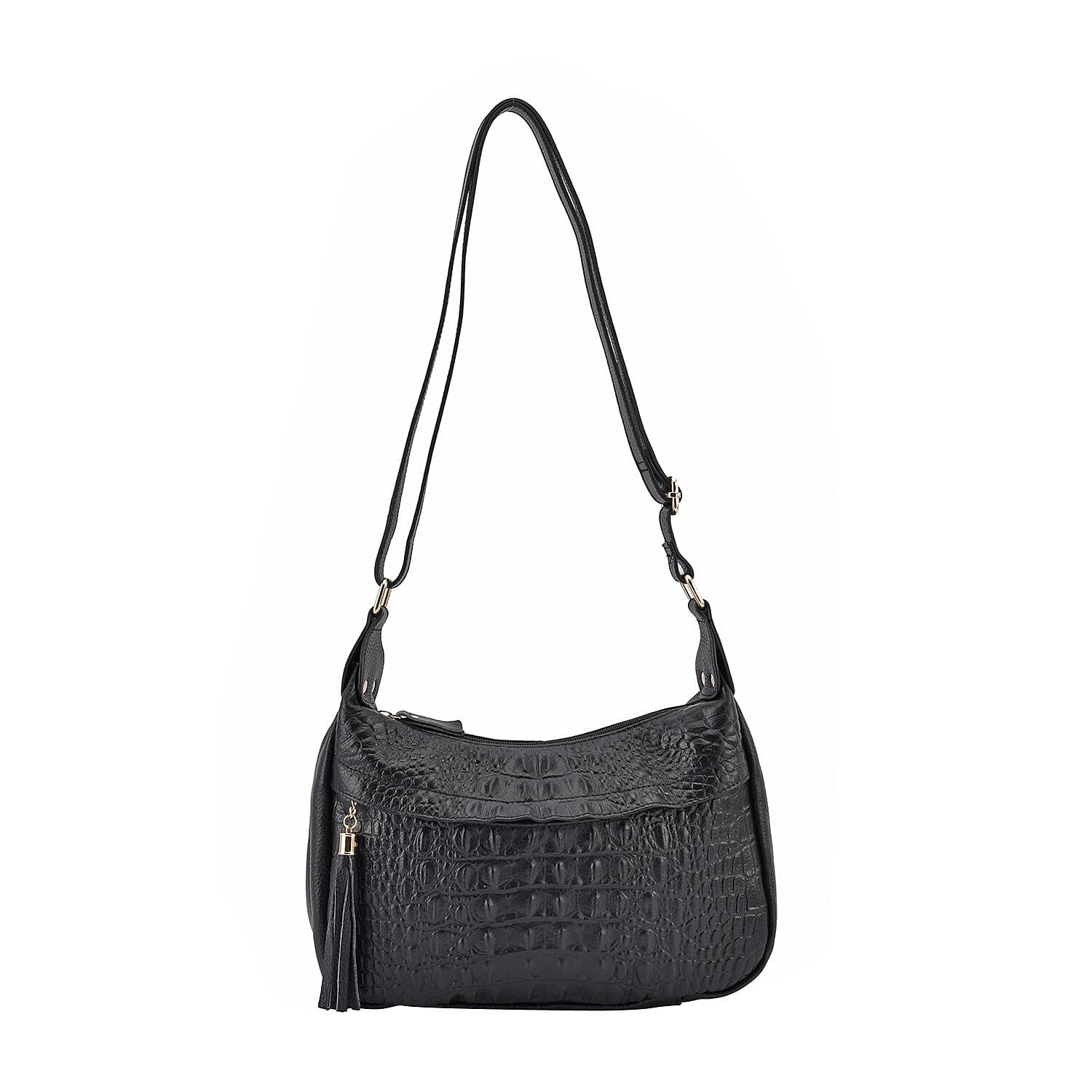 Genuine Leather Solid Crossbody Bag with Shoulder Strap - Black