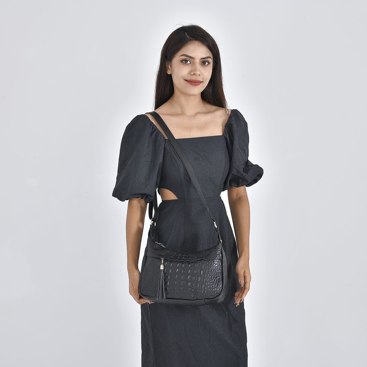 Genuine Leather Solid Crossbody Bag with Shoulder Strap - Black