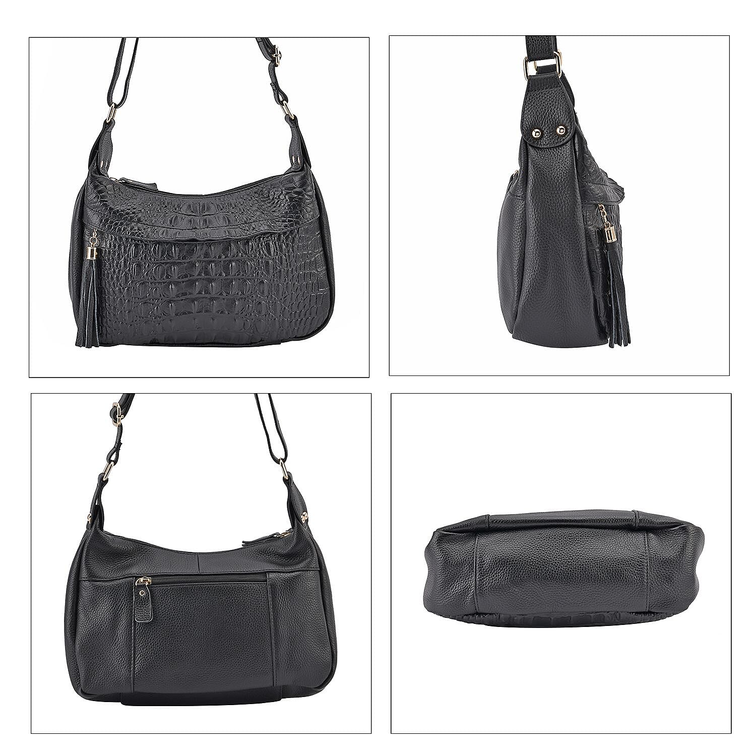 Genuine Leather Solid Crossbody Bag with Shoulder Strap - Black