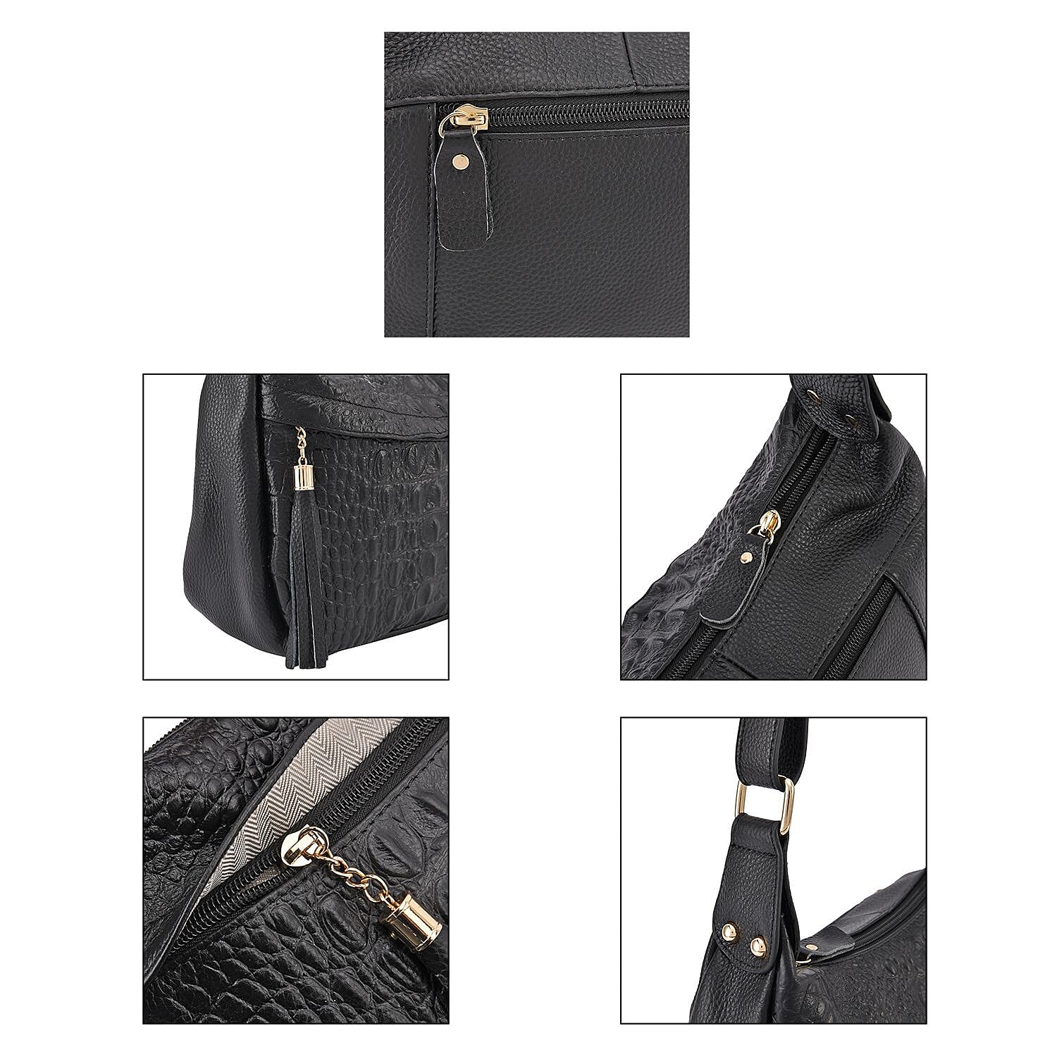 Genuine Leather Solid Crossbody Bag with Shoulder Strap - Black