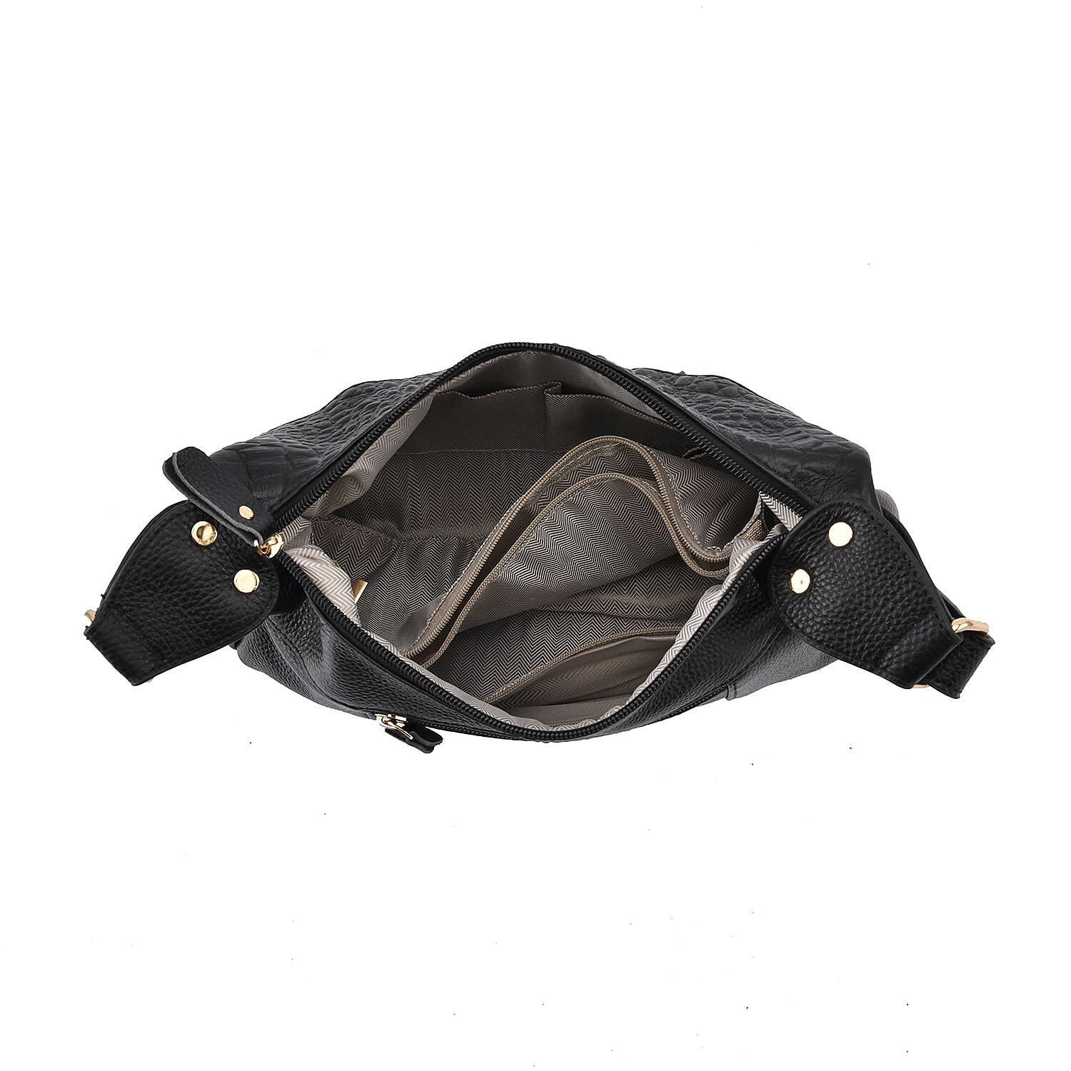 Genuine Leather Solid Crossbody Bag with Shoulder Strap - Black