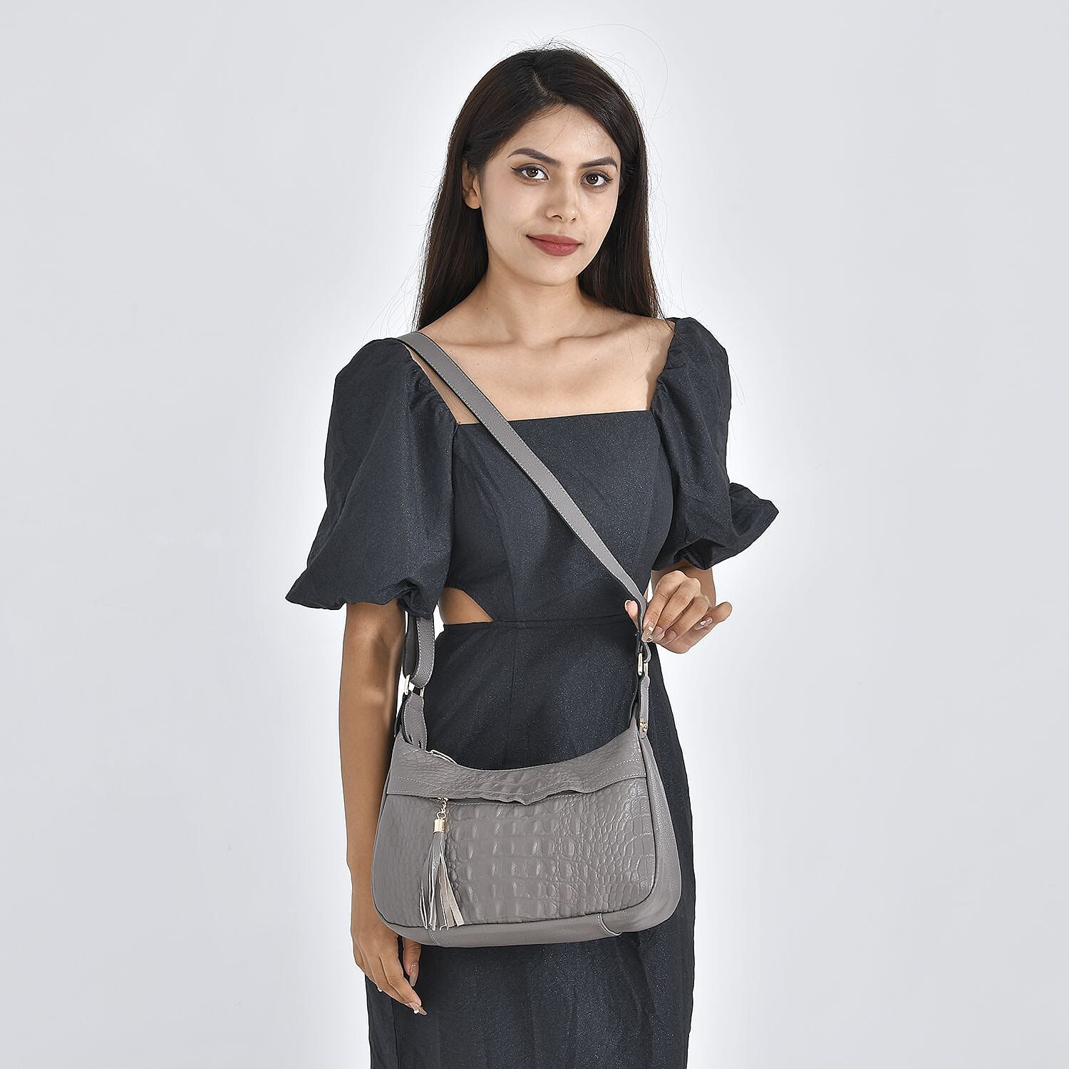 Genuine Leather Solid Crossbody Bag with Shoulder Strap (Size 28x20x10 cm) - Grey