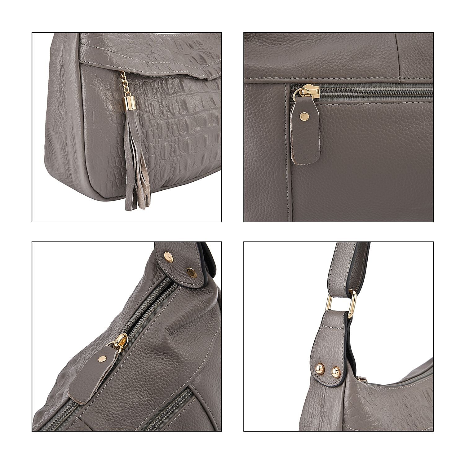 Genuine Leather Solid Crossbody Bag with Shoulder Strap (Size 28x20x10 cm) - Grey