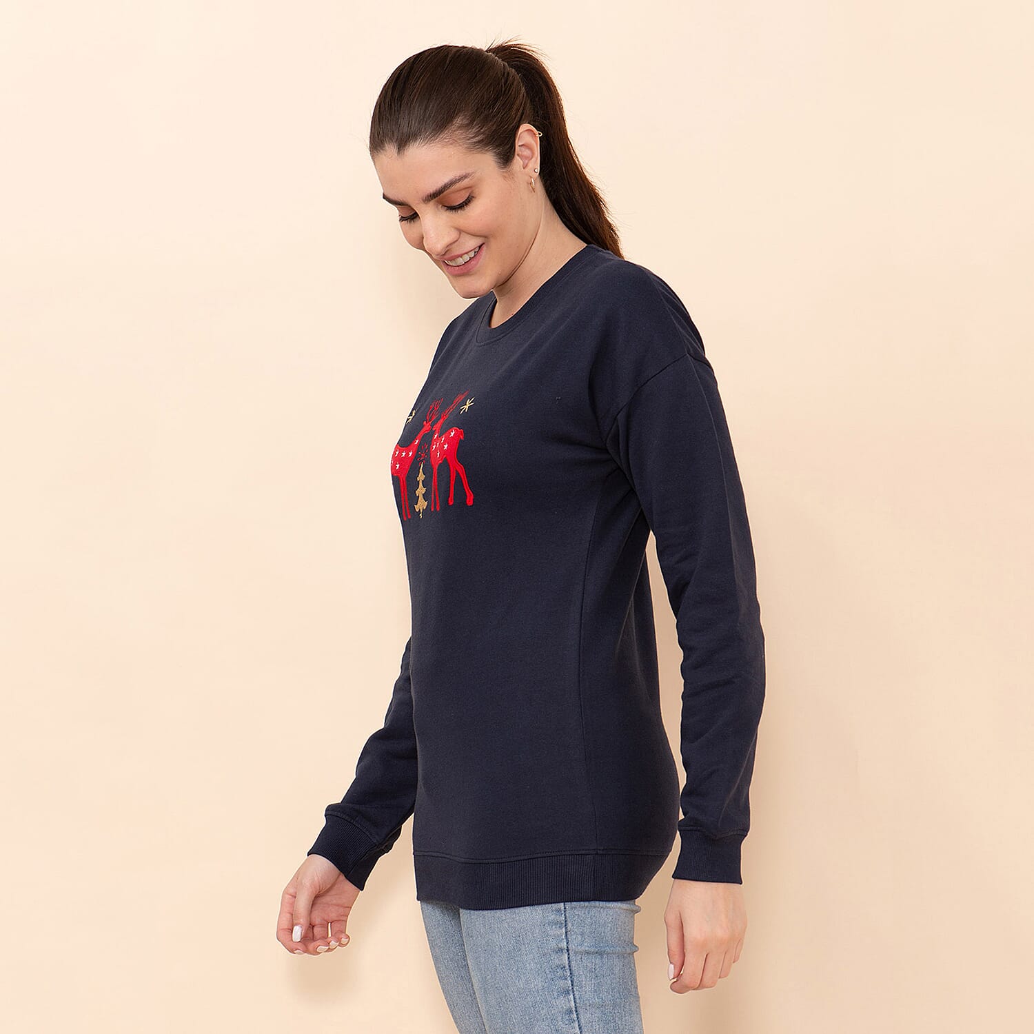 100% Cotton Fleece Knit Sweatshirt (Size L) - Navy