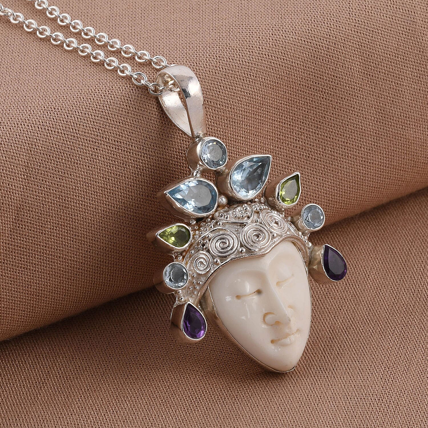 Sajen Silver BALI GODDESS COLLECTION - Ox Bone and Multi Gemstones Pendant in Sterling Silver 19.67 Ct, Silver Wt. 13.00 Gms
