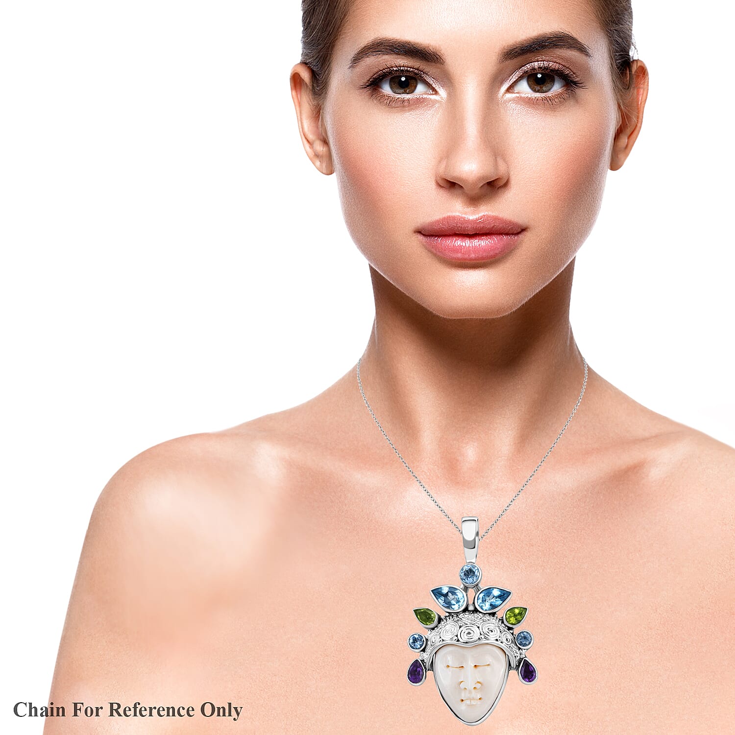 Sajen Silver BALI GODDESS COLLECTION - Ox Bone and Multi Gemstones Pendant in Sterling Silver 19.67 Ct, Silver Wt. 13.00 Gms