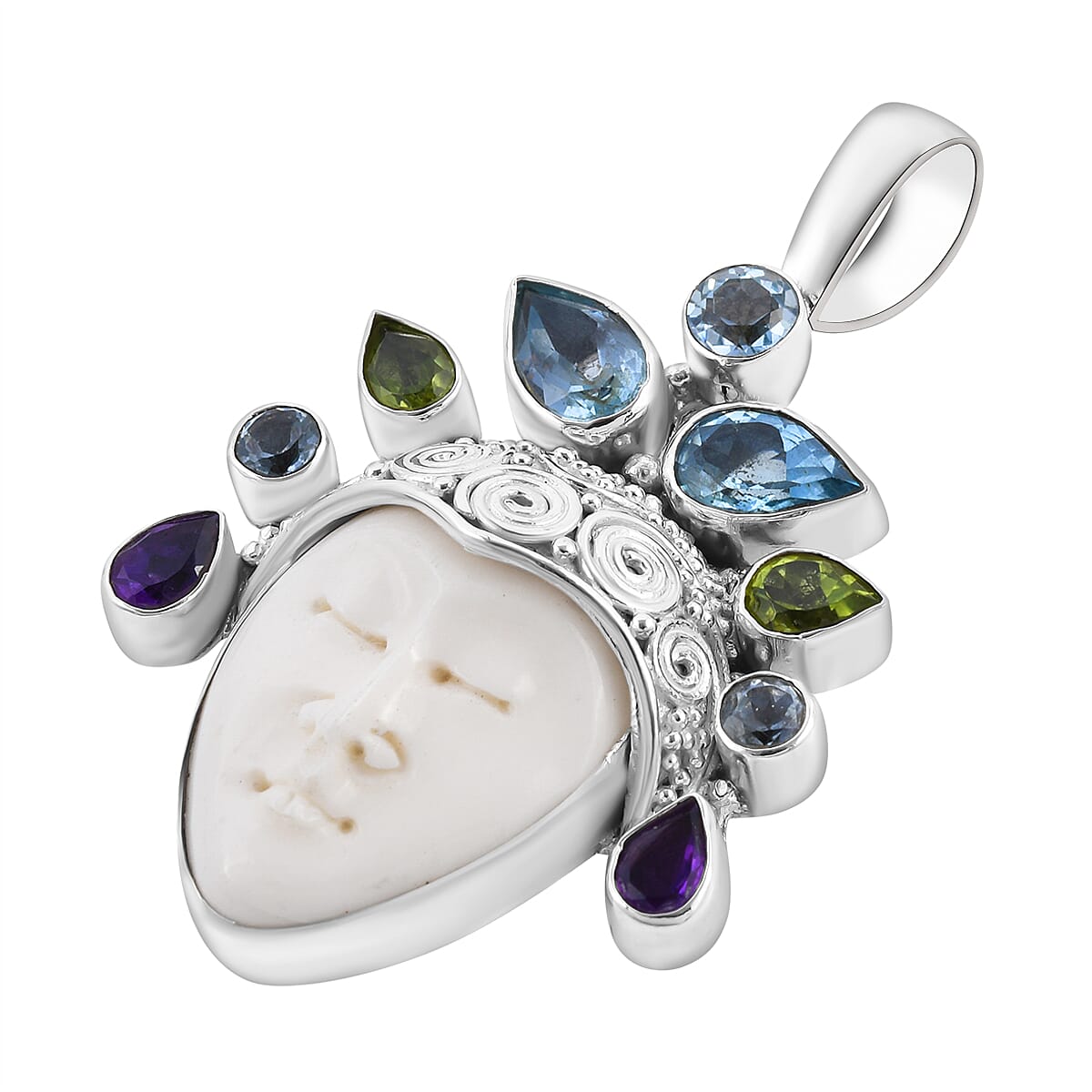 Sajen Silver BALI GODDESS COLLECTION - Ox Bone and Multi Gemstones Pendant in Sterling Silver 19.67 Ct, Silver Wt. 13.00 Gms