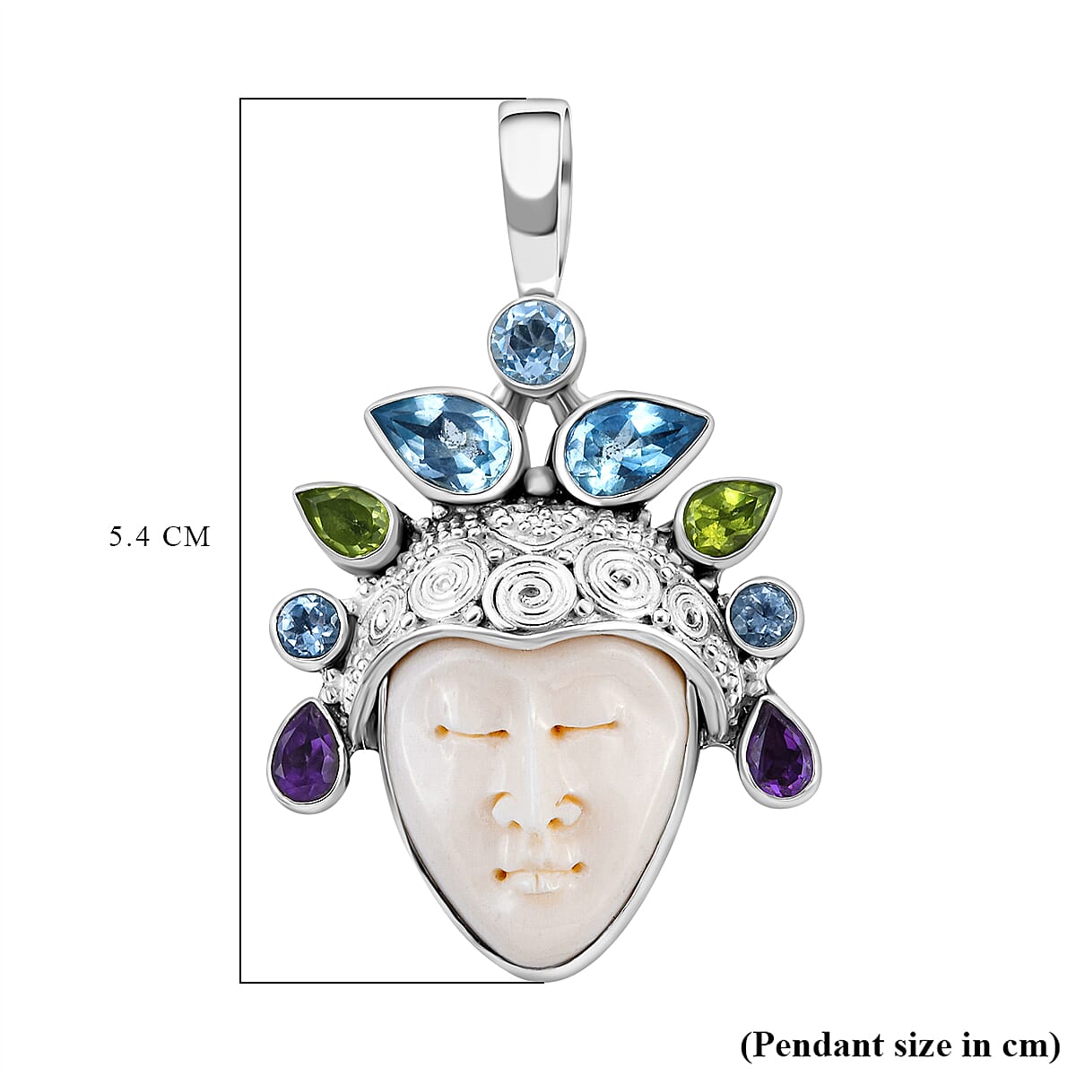 Sajen Silver BALI GODDESS COLLECTION - Ox Bone and Multi Gemstones Pendant in Sterling Silver 19.67 Ct, Silver Wt. 13.00 Gms