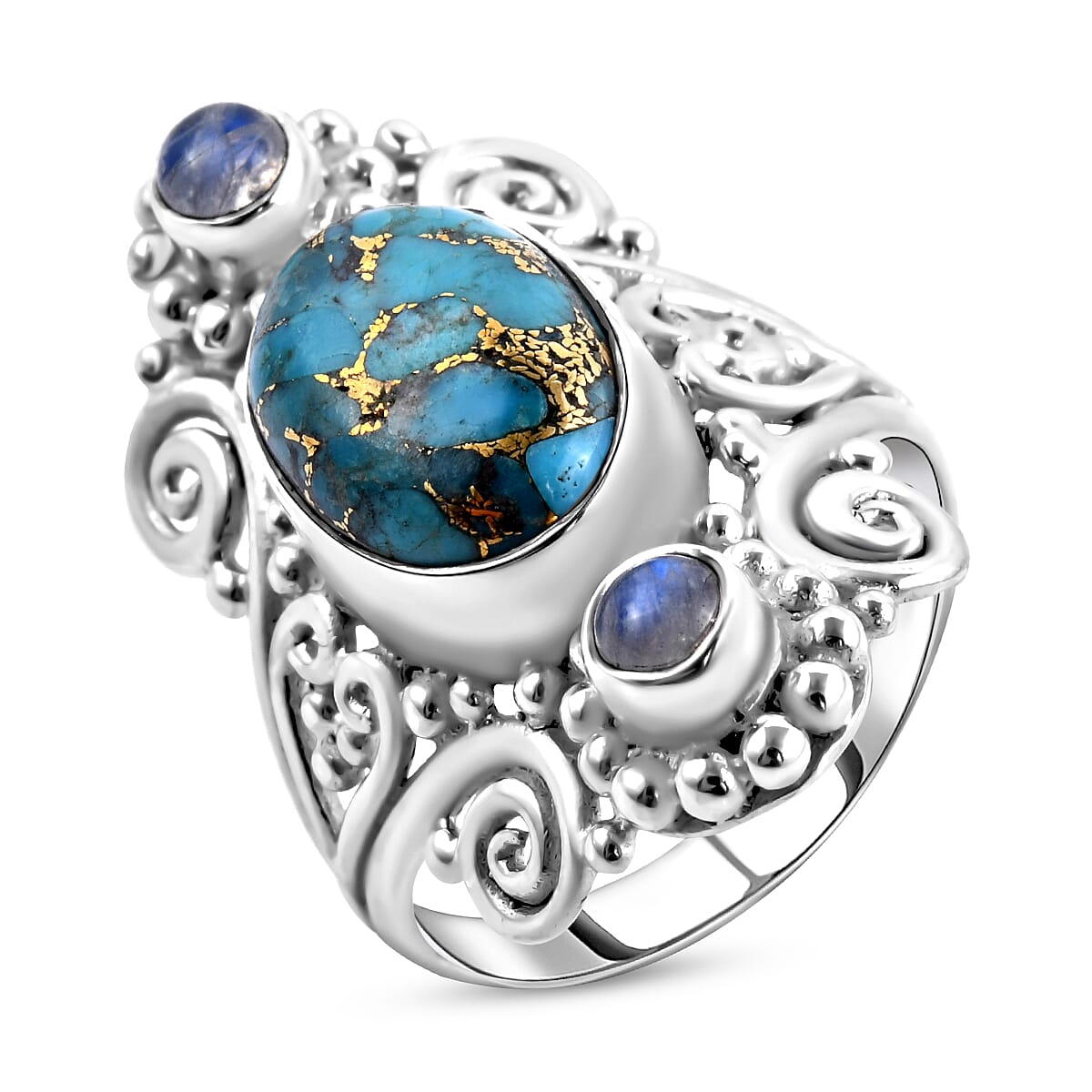 SAJEN SILVER Cultural Flair Collection - Mojave Turquoise and Rainbow Moonstone Ring in Sterling Silver 8.16 Ct, Silver Wt. 8.00 Gms
