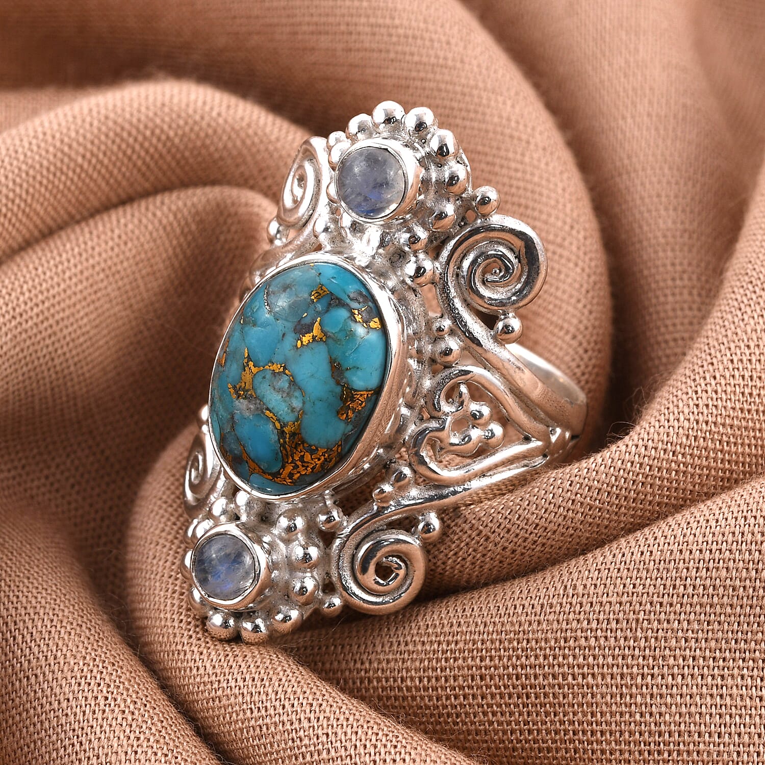 SAJEN SILVER Cultural Flair Collection - Mojave Turquoise and Rainbow Moonstone Ring in Sterling Silver 8.16 Ct, Silver Wt. 8.00 Gms