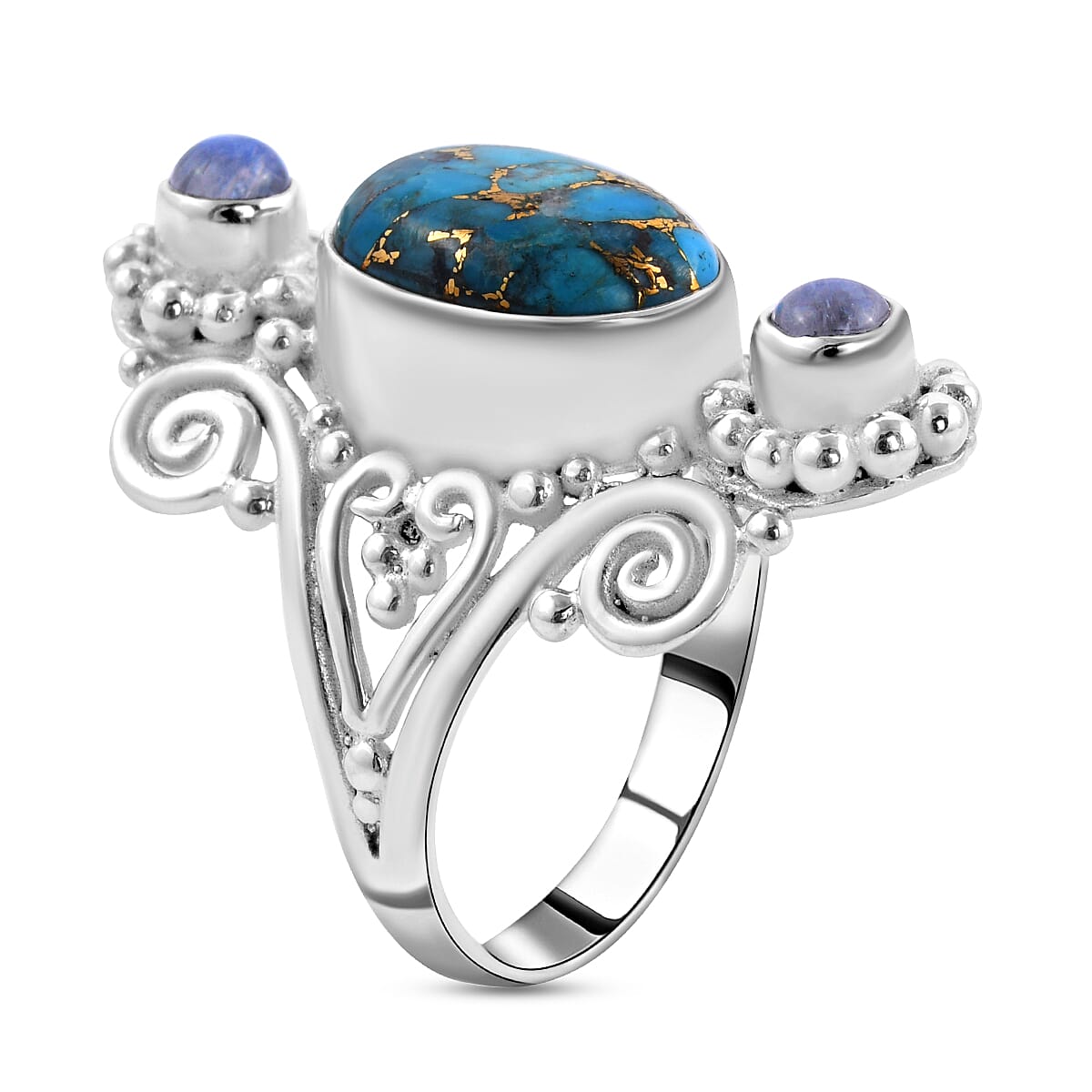 SAJEN SILVER Cultural Flair Collection - Mojave Turquoise and Rainbow Moonstone Ring in Sterling Silver 8.16 Ct, Silver Wt. 8.00 Gms