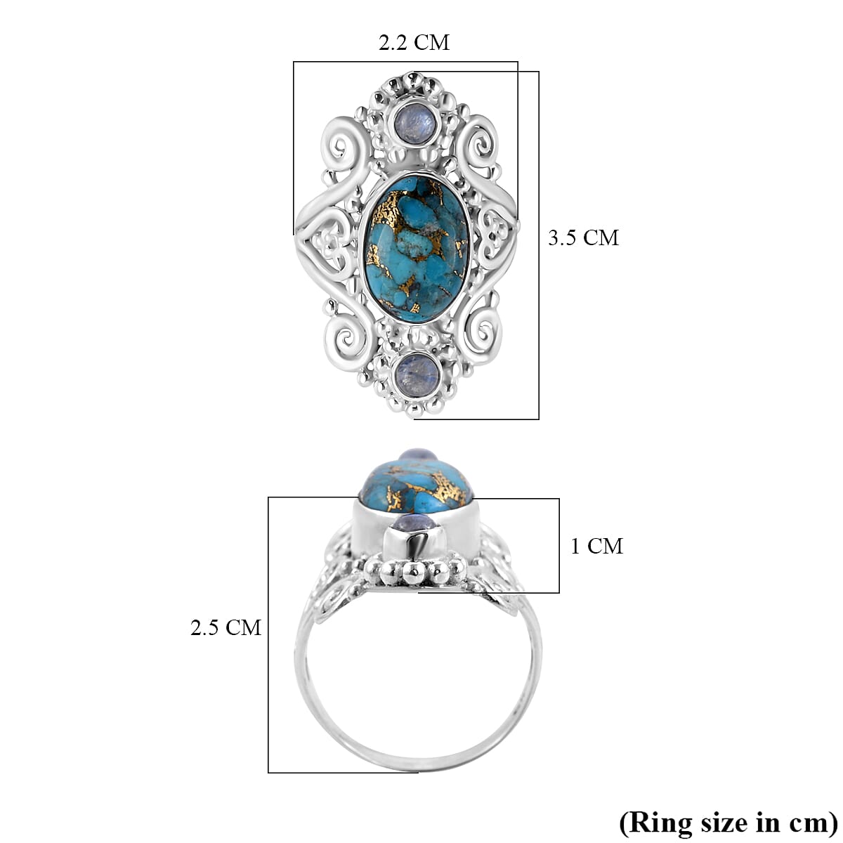 SAJEN SILVER Cultural Flair Collection - Mojave Turquoise and Rainbow Moonstone Ring in Sterling Silver 8.16 Ct, Silver Wt. 8.00 Gms