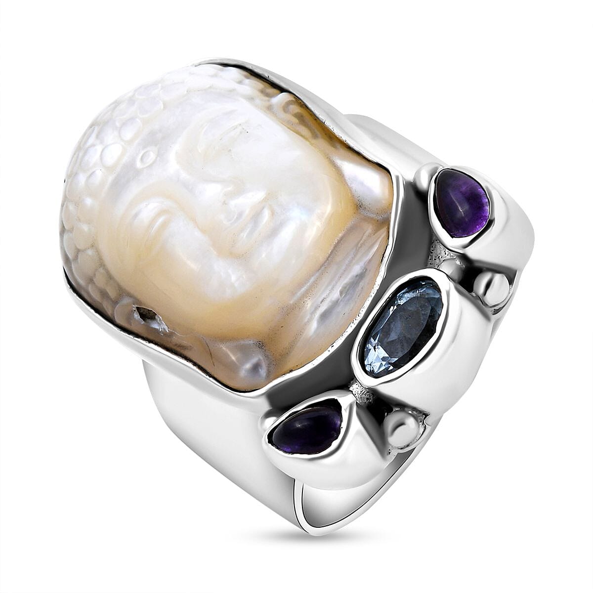 Sajen Silver BALI GODDESS Collection - Carved Mother Of Pearl, Blue Topaz and Amethyst Ring in Sterling Silver 1.29 Ct, Silver Wt. 8.50 Gms