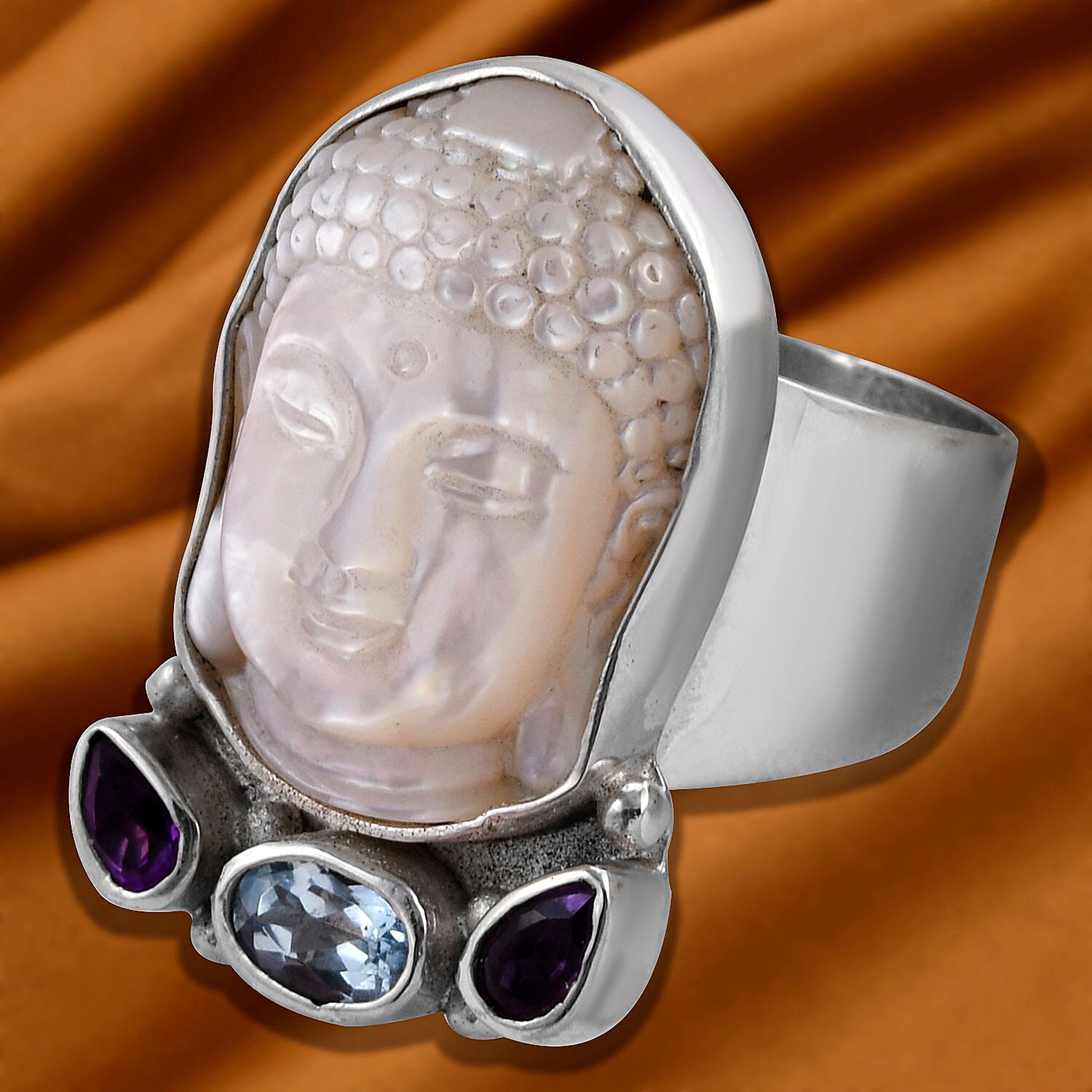 Sajen Silver BALI GODDESS Collection - Carved Mother Of Pearl, Blue Topaz and Amethyst Ring in Sterling Silver 1.29 Ct, Silver Wt. 8.50 Gms