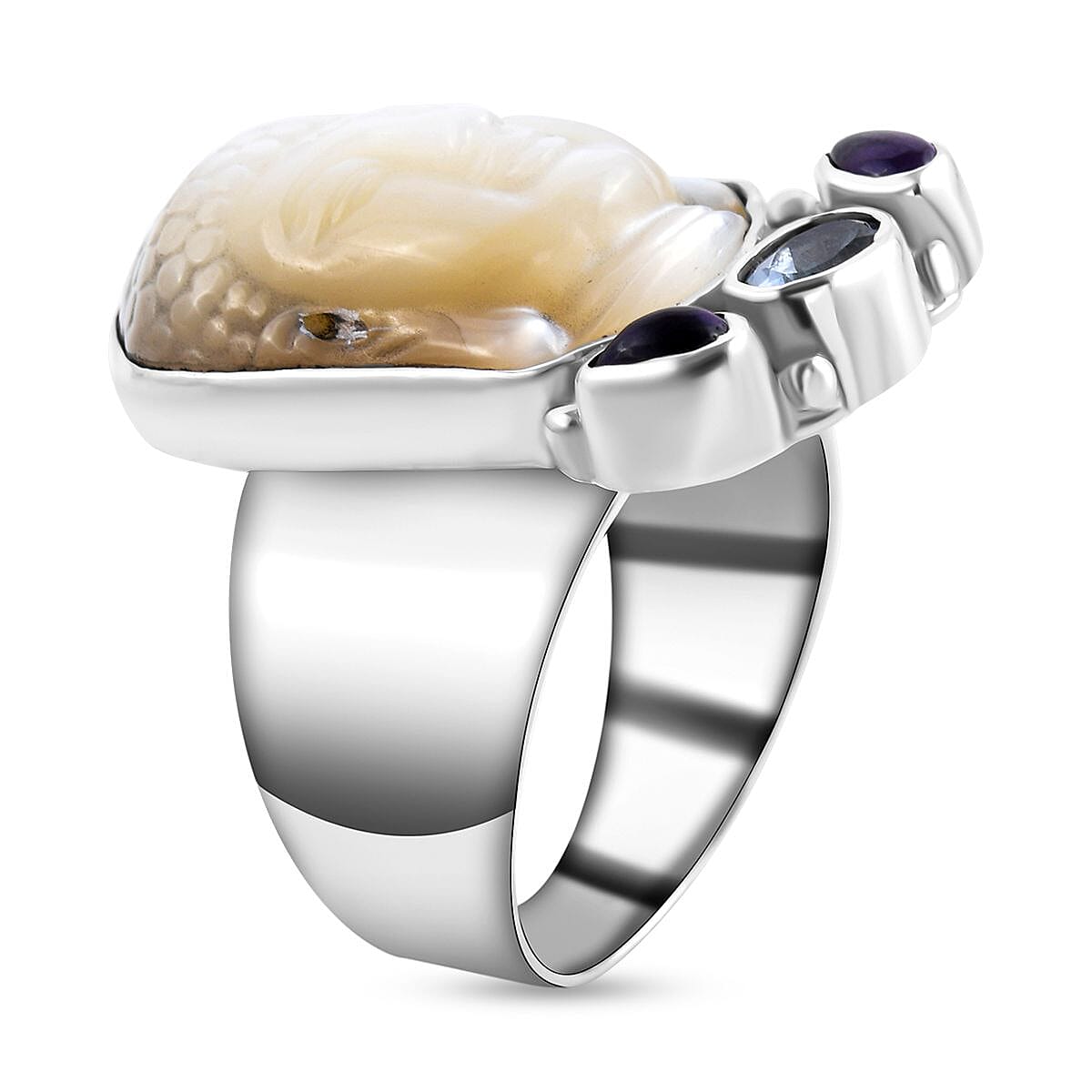 Sajen Silver BALI GODDESS Collection - Carved Mother Of Pearl, Blue Topaz and Amethyst Ring in Sterling Silver 1.29 Ct, Silver Wt. 8.50 Gms