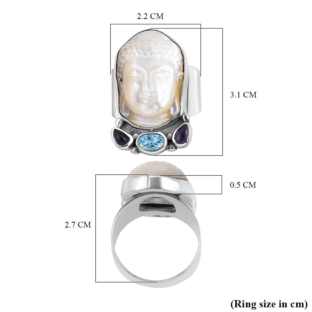 Sajen Silver BALI GODDESS Collection - Carved Mother Of Pearl, Blue Topaz and Amethyst Ring in Sterling Silver 1.29 Ct, Silver Wt. 8.50 Gms