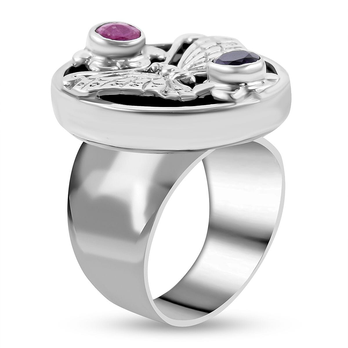 Royal Bali Black Shell Pearl, Pink Sapphire and Amethyst Ring in Sterling Silver, Silver Wt. 12 Gms.