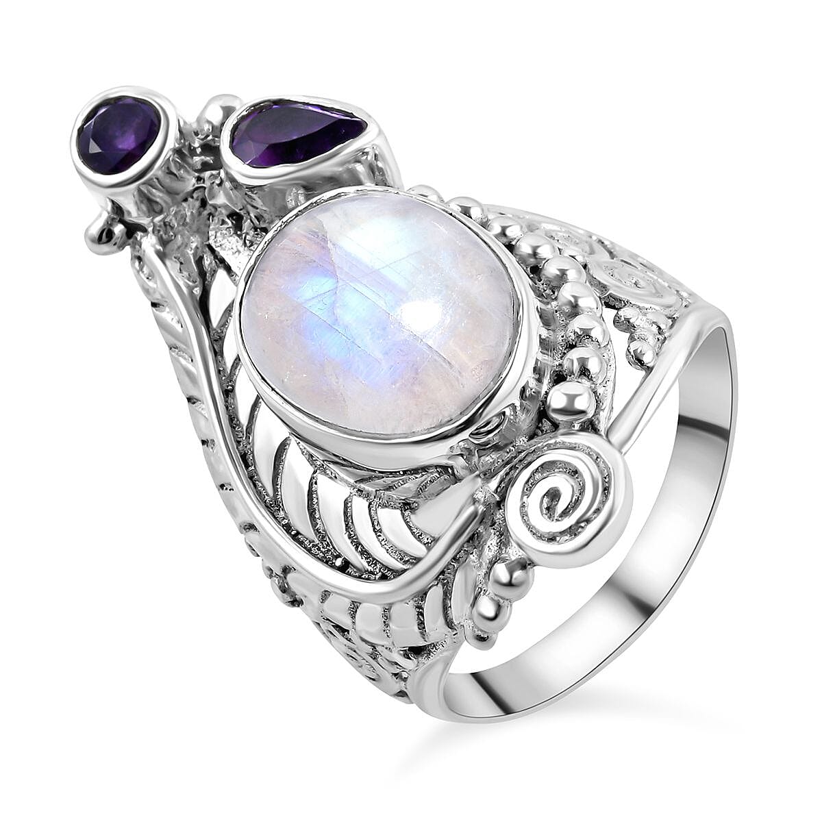 Royal Bali Rainbow Moonstone and Amethyst Ring in Sterling Silver 8.57 Ct, Silver Wt. 8.5 Gms.