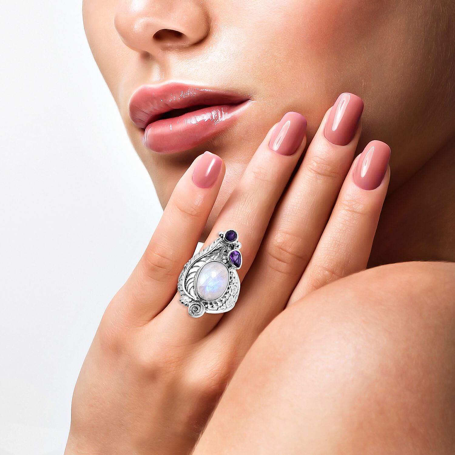 Royal Bali Rainbow Moonstone and Amethyst Ring in Sterling Silver 8.57 Ct, Silver Wt. 8.5 Gms.
