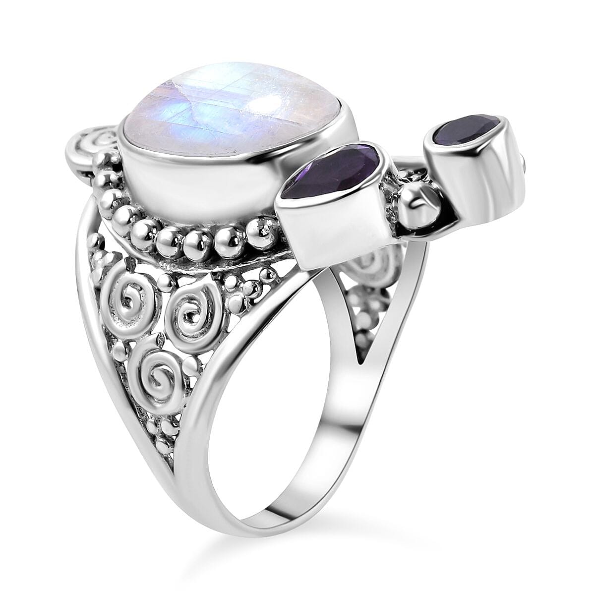 Royal Bali Rainbow Moonstone and Amethyst Ring in Sterling Silver 8.57 Ct, Silver Wt. 8.5 Gms.