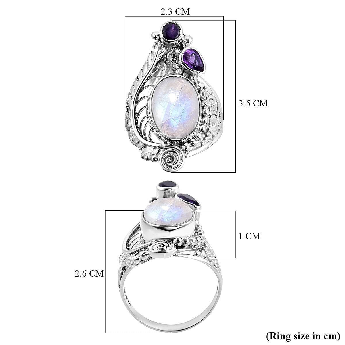 Royal Bali Rainbow Moonstone and Amethyst Ring in Sterling Silver 8.57 Ct, Silver Wt. 8.5 Gms.