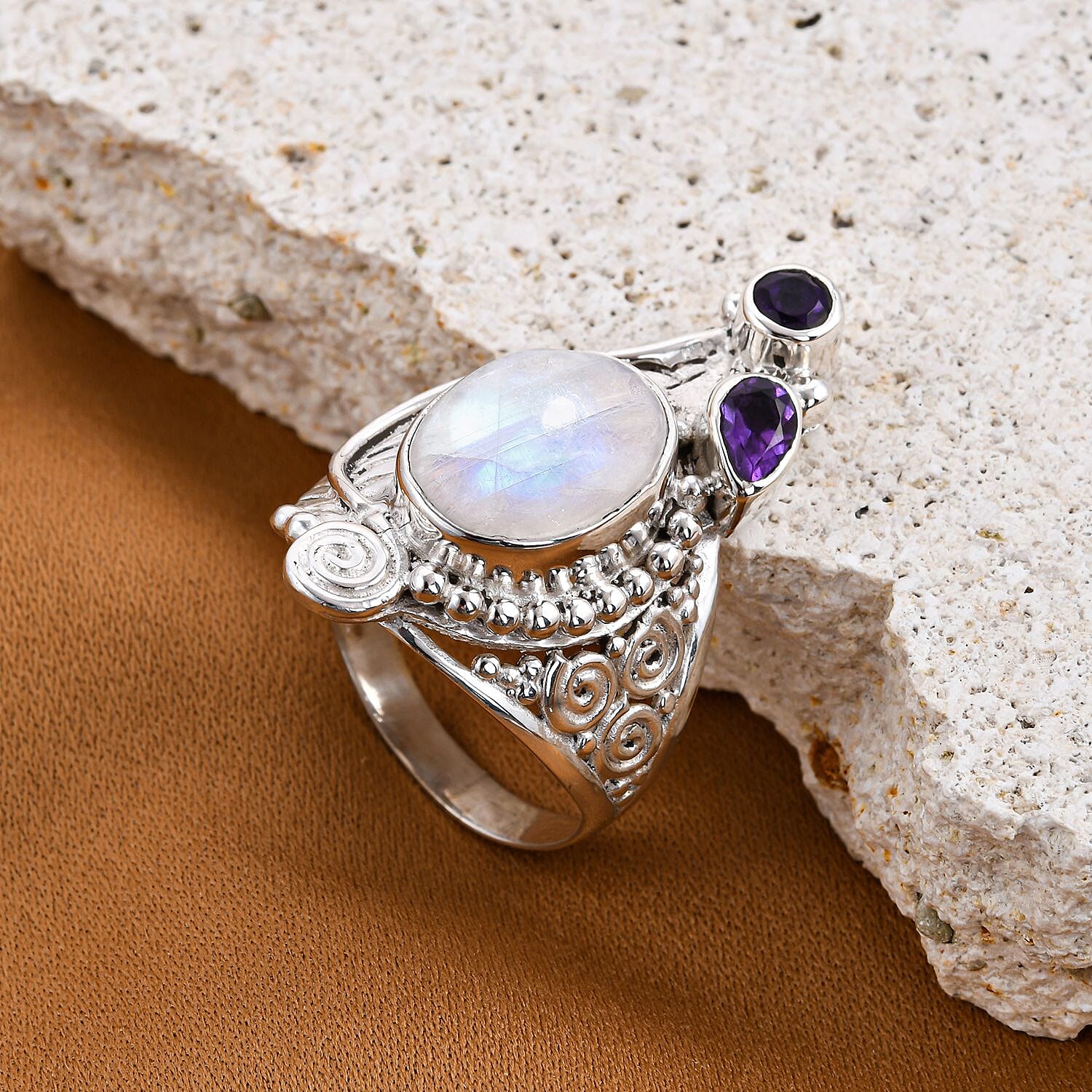 Royal Bali Rainbow Moonstone and Amethyst Ring in Sterling Silver 8.57 Ct, Silver Wt. 8.5 Gms.