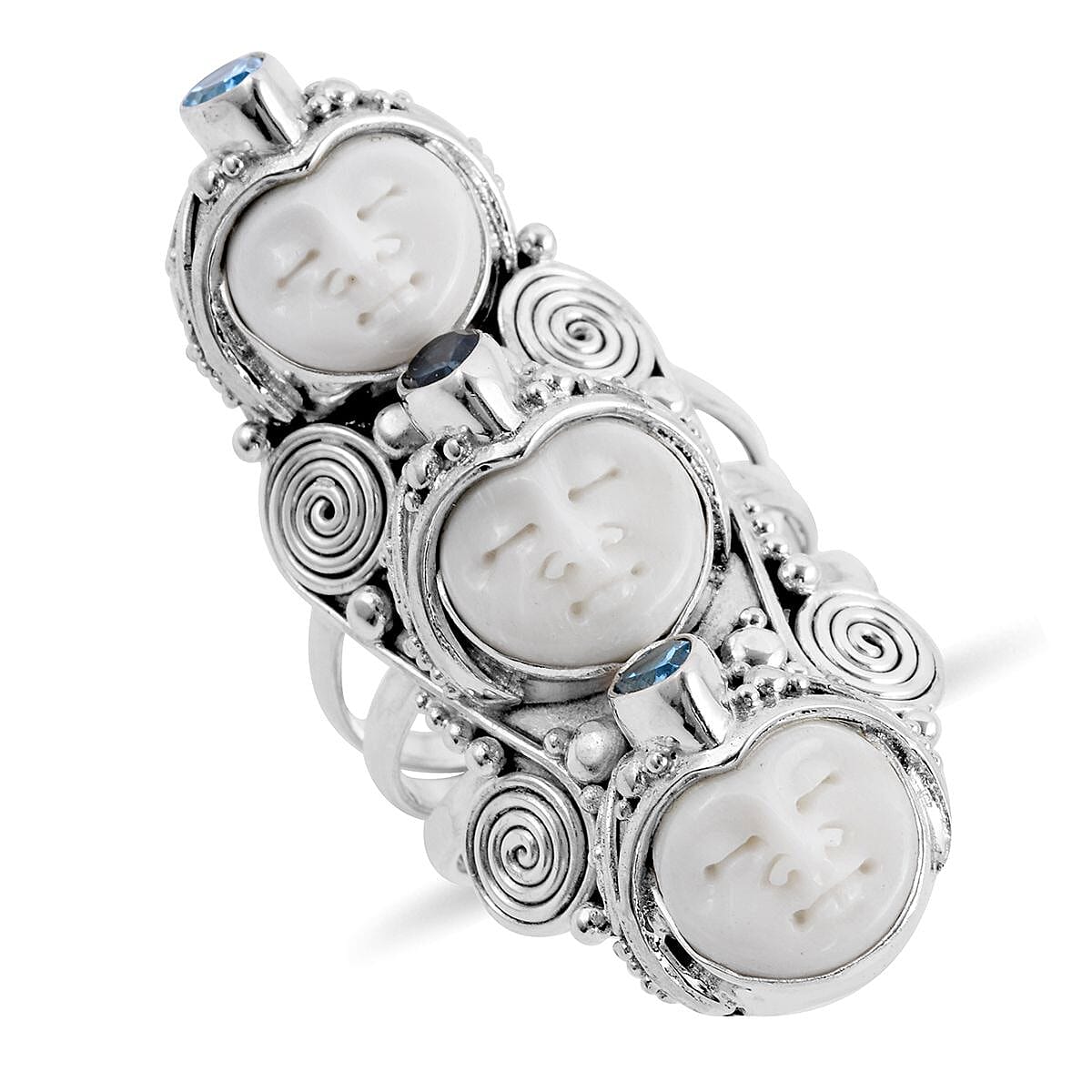 Sajen Silver BALI GODDESS Collection - Carved Ox Bone, London Blue Topaz, Swiss Blue Topaz Ring in Sterling Silver 17.00 ct, Silver Wt. 18 Gms