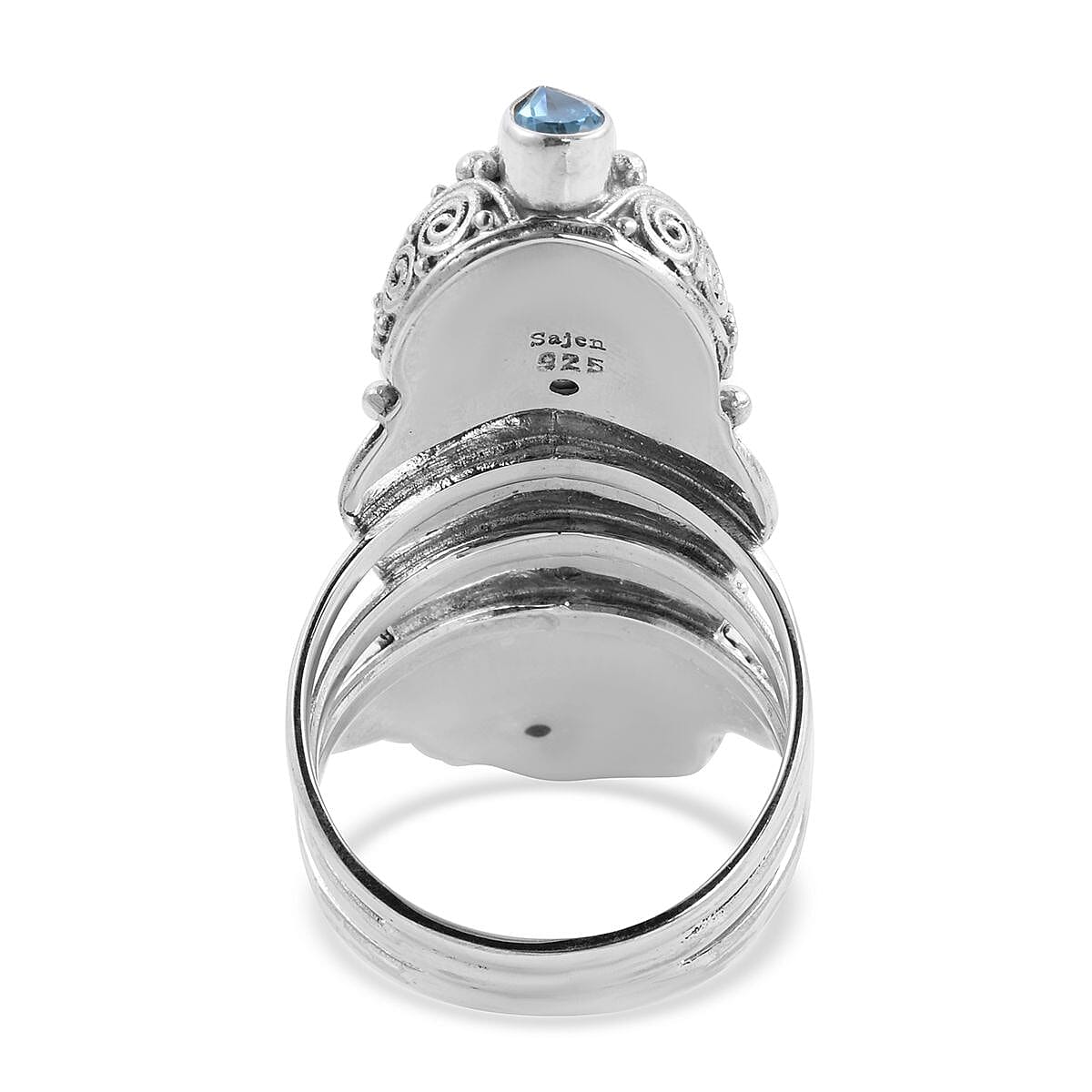 Sajen Silver BALI GODDESS Collection - Carved Ox Bone, London Blue Topaz, Swiss Blue Topaz Ring in Sterling Silver 17.00 ct, Silver Wt. 18 Gms
