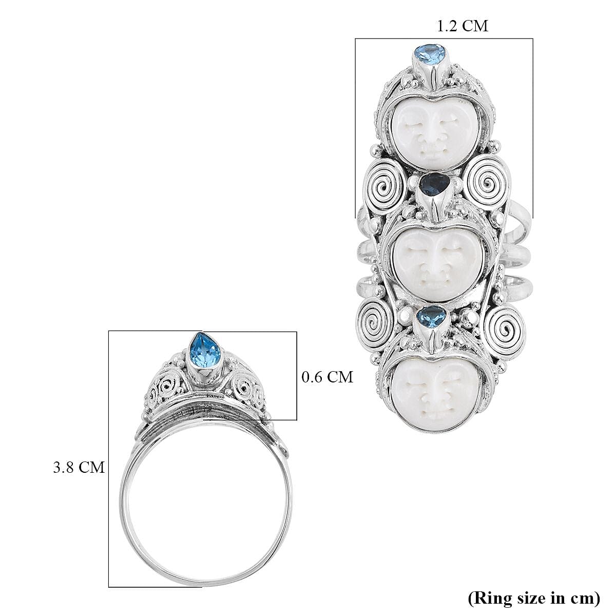 Sajen Silver BALI GODDESS Collection - Carved Ox Bone, London Blue Topaz, Swiss Blue Topaz Ring in Sterling Silver 17.00 ct, Silver Wt. 18 Gms