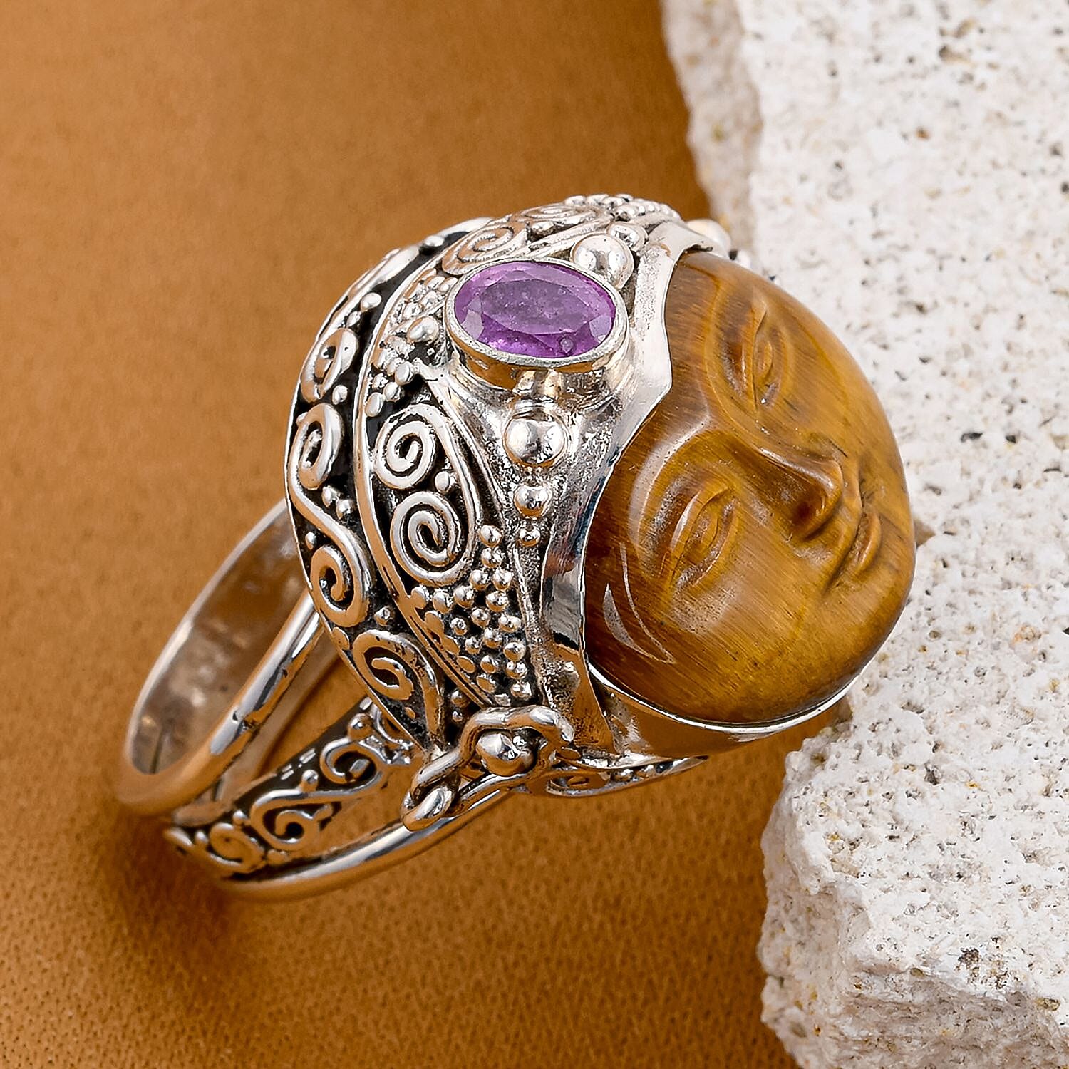 Royal Bali GODDESS Collection- Tigers Eye and Pink Sapphire (FF) Ring in Sterling Silver, Silver Wt. 9.00 Gms
