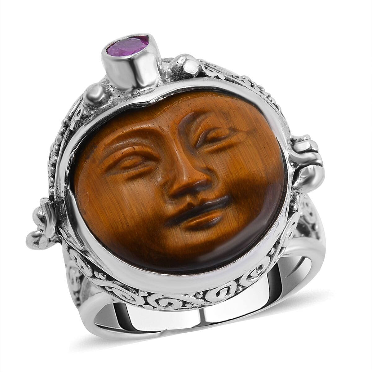 Royal Bali GODDESS Collection- Tigers Eye and Pink Sapphire (FF) Ring in Sterling Silver, Silver Wt. 9.00 Gms