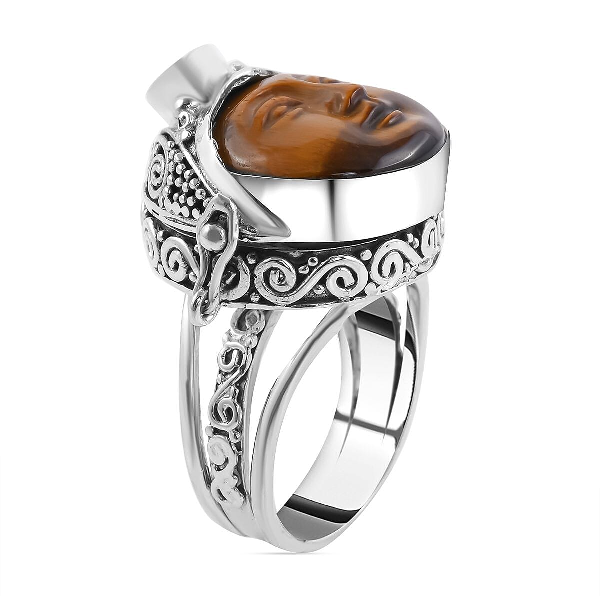 Royal Bali GODDESS Collection- Tigers Eye and Pink Sapphire (FF) Ring in Sterling Silver, Silver Wt. 9.00 Gms